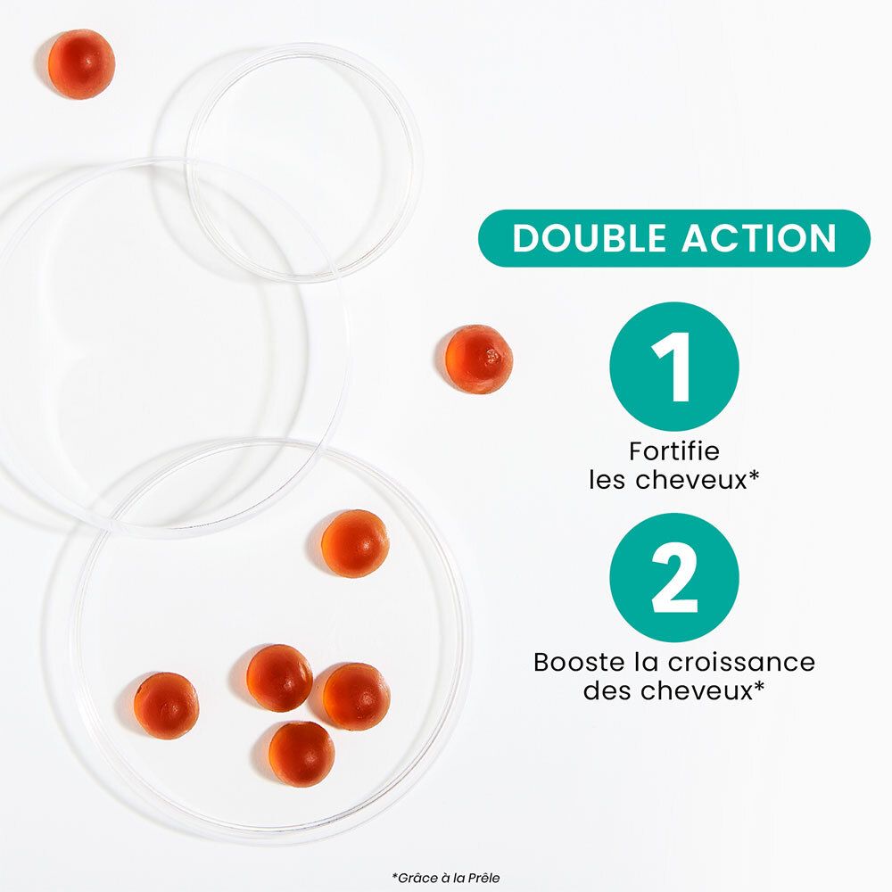 Surface blanche avec gummies rouges et cercles. Texte: Double Action, 1. Fortifie les cheveux, 2. Boost la croissance.