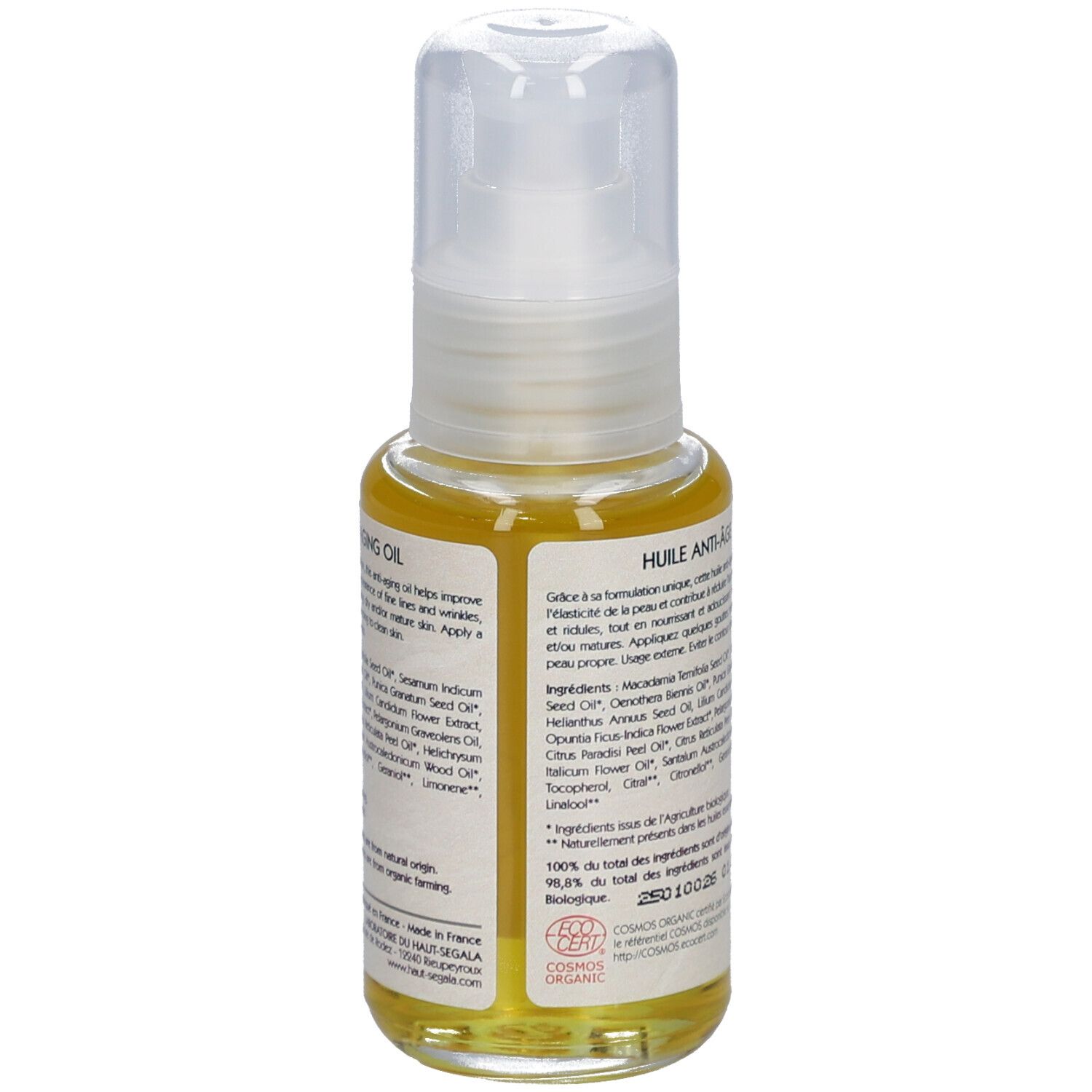 Huile anti-âge Haut-Ségala. Texte jaune sur fond blanc. Certification bio. 50 ml.