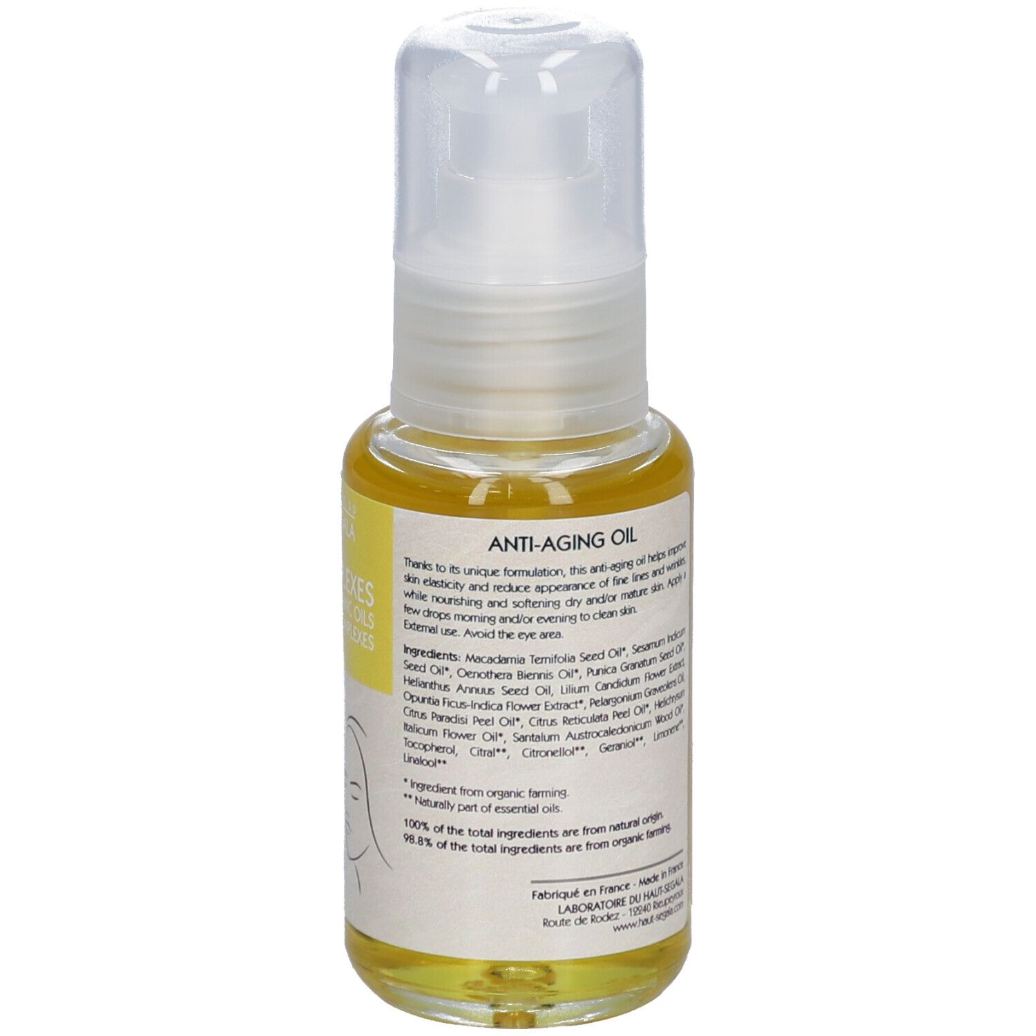 Huile anti-âge Haut-Ségala. Texte jaune sur fond blanc. Certification bio. 50 ml.
