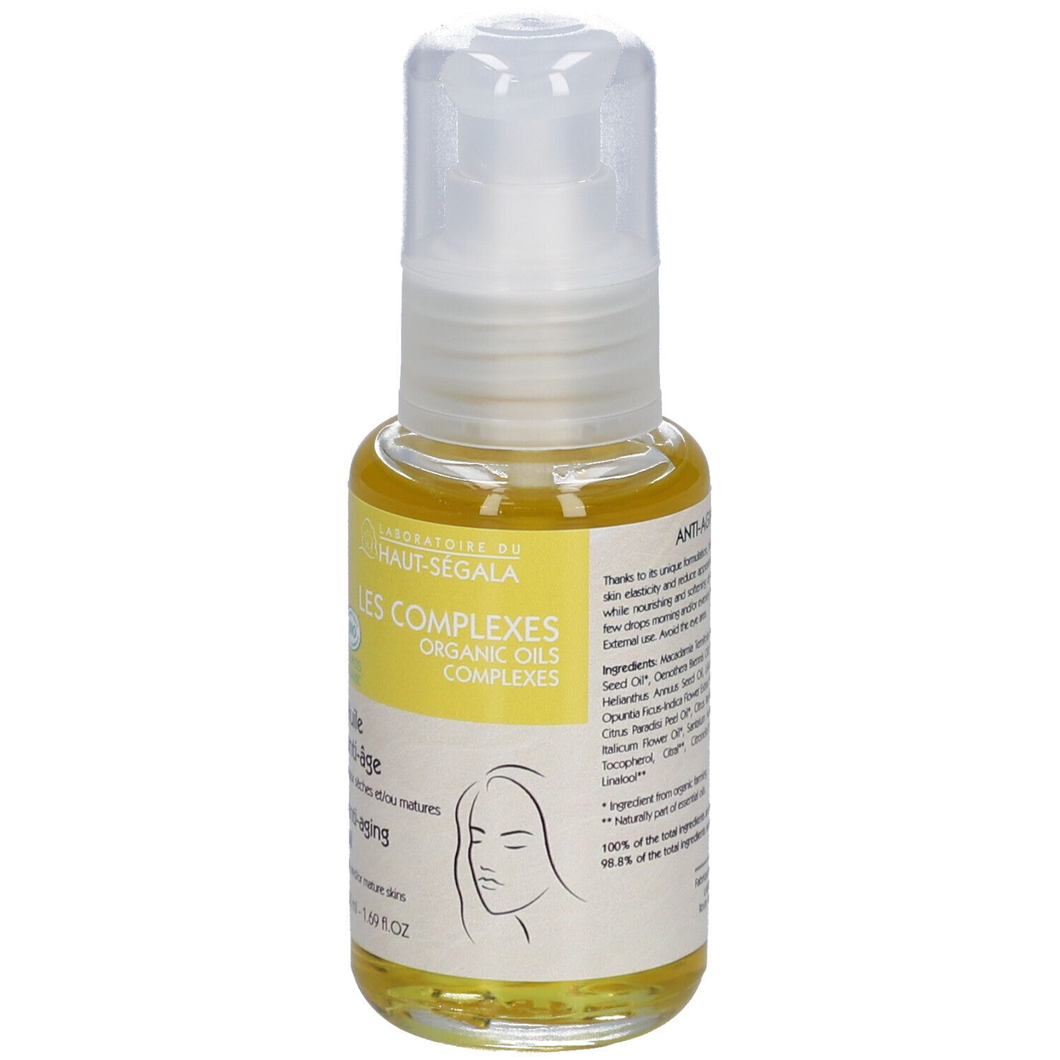 Huile anti-âge Haut-Ségala. Texte jaune sur fond blanc. Certification bio. 50 ml.