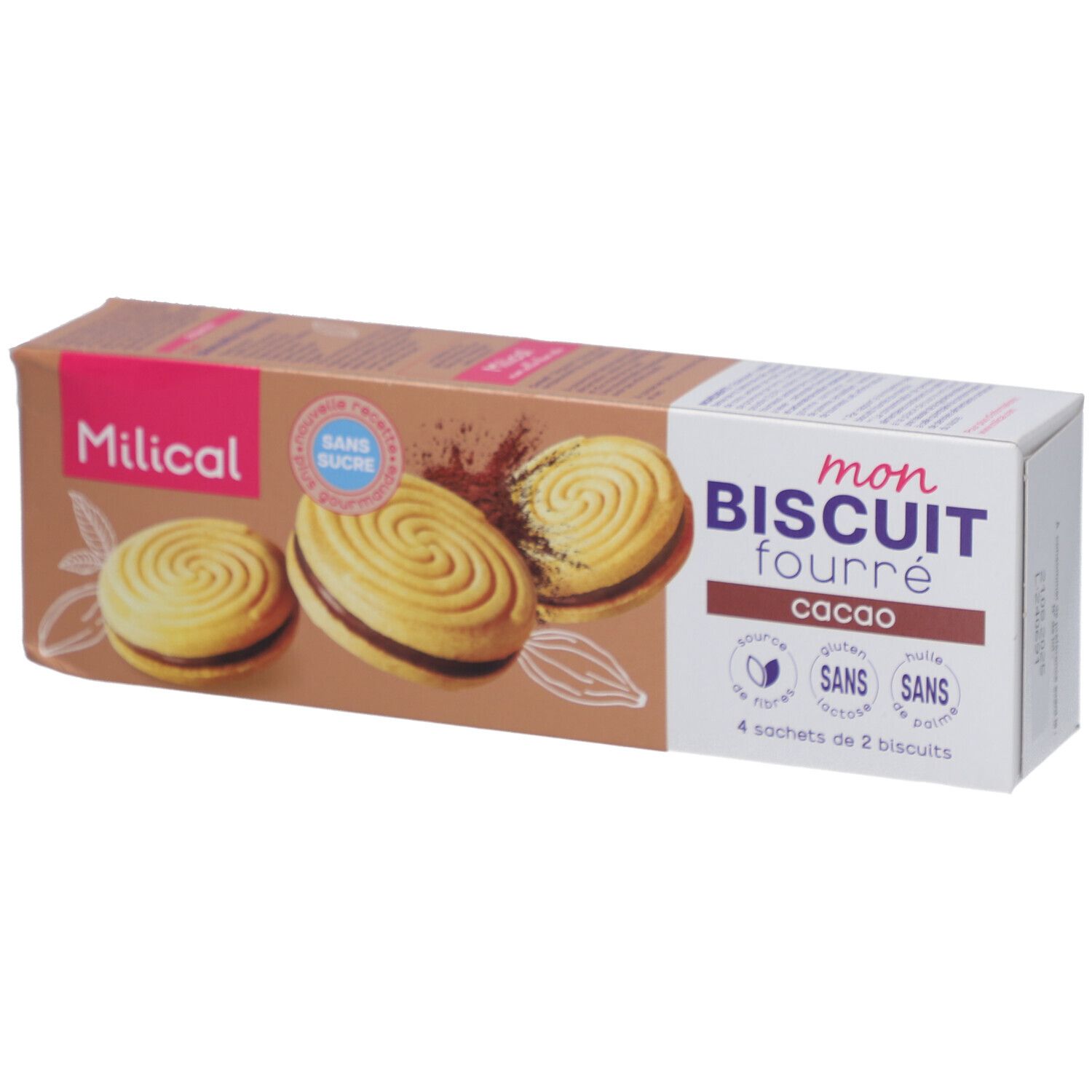 Verpackung von Milical Mon Biscuit Fourré, Geschmack Schokolade. Aufdruck: Sans Sucre, glutenfrei, laktosefrei, ohne Palmöl.