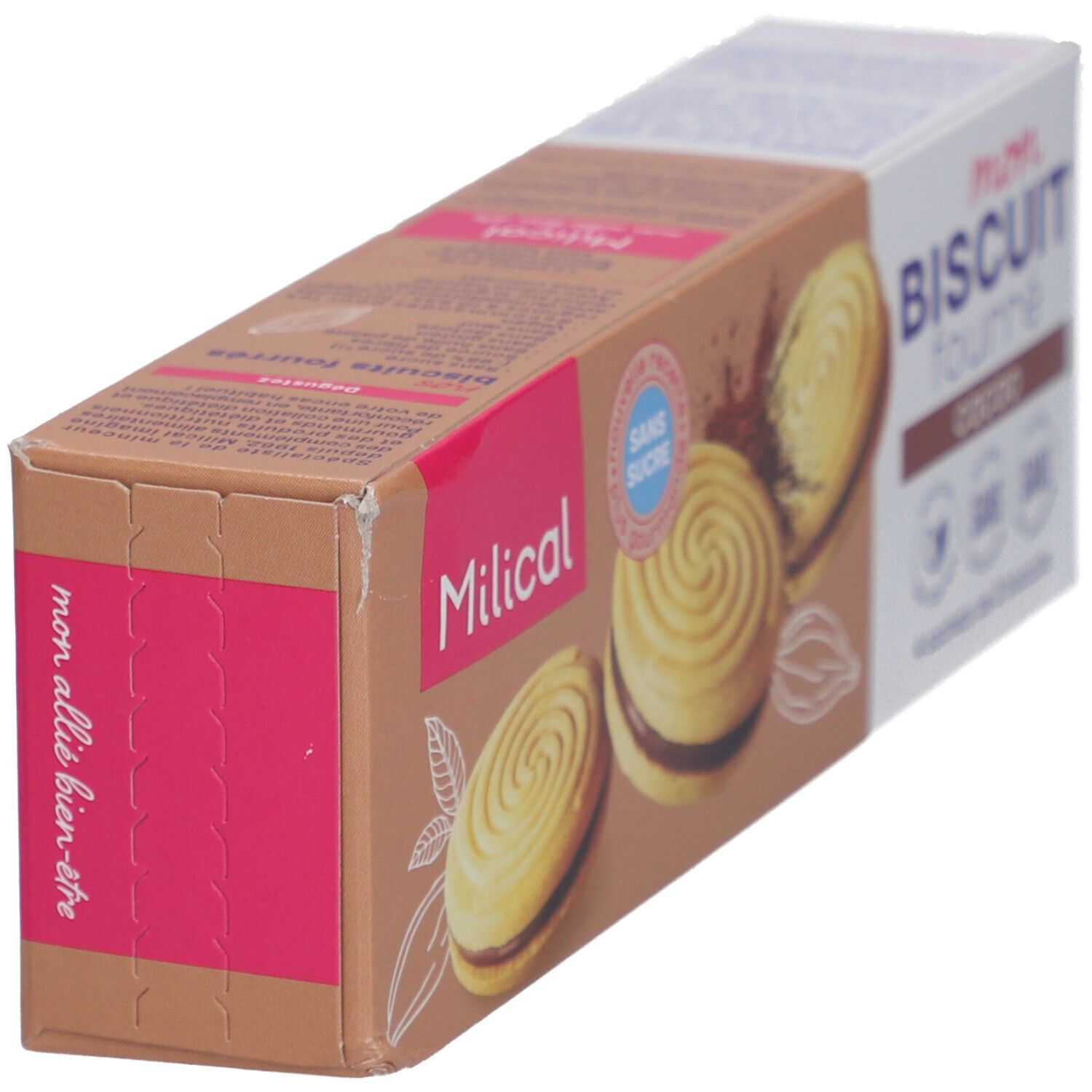 Schrägansicht der Milical Mon Biscuit Fourré Verpackung. Aufdruck: Sans Sucre, glutenfrei, laktosefrei, ohne Palmöl. Mon allié bien-être.