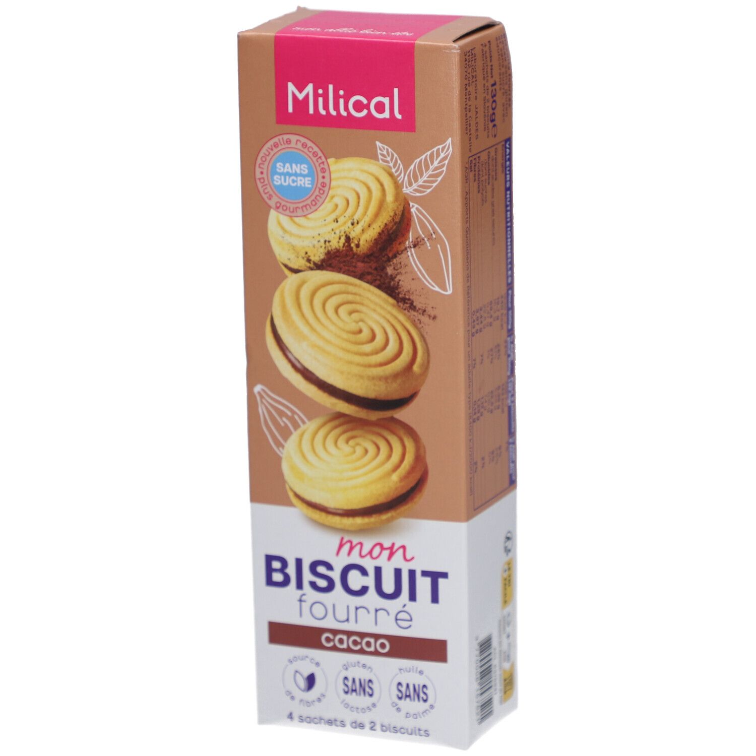 Milical Mon Biscuit Fourré Verpackung, Geschmack Schokolade. Aufdruck: Sans Sucre, glutenfrei, laktosefrei, ohne Palmöl. 4 Beutel mit 2 Keksen.