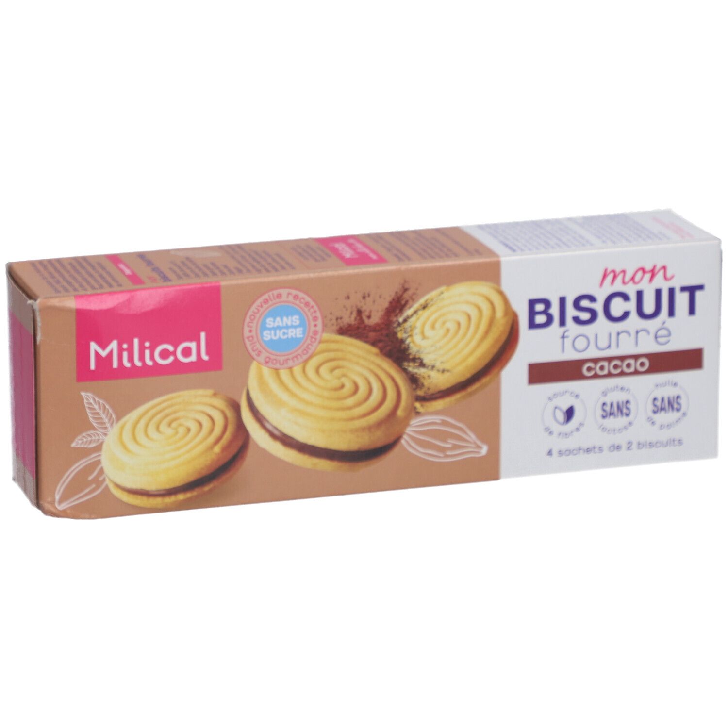 Verpackung von Milical Mon Biscuit Fourré, Geschmack Schokolade. Aufdruck: Sans Sucre, glutenfrei, laktosefrei, ohne Palmöl. 4 Beutel mit 2 Keksen.