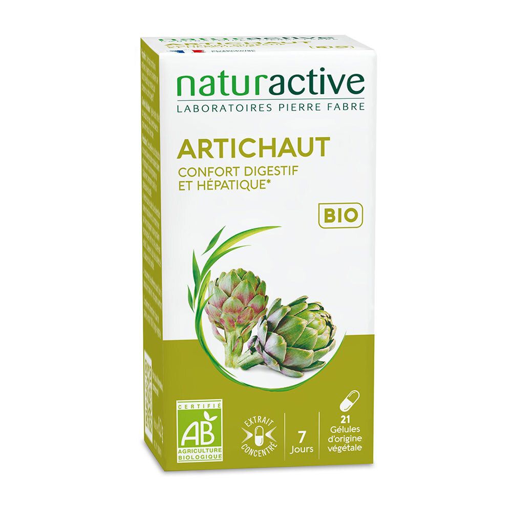 Produktverpackung. Aufschrift: ARTICHAUT, BIO. 21 Kapseln. Artischocken-Abbildung. AB-Zertifizierung.