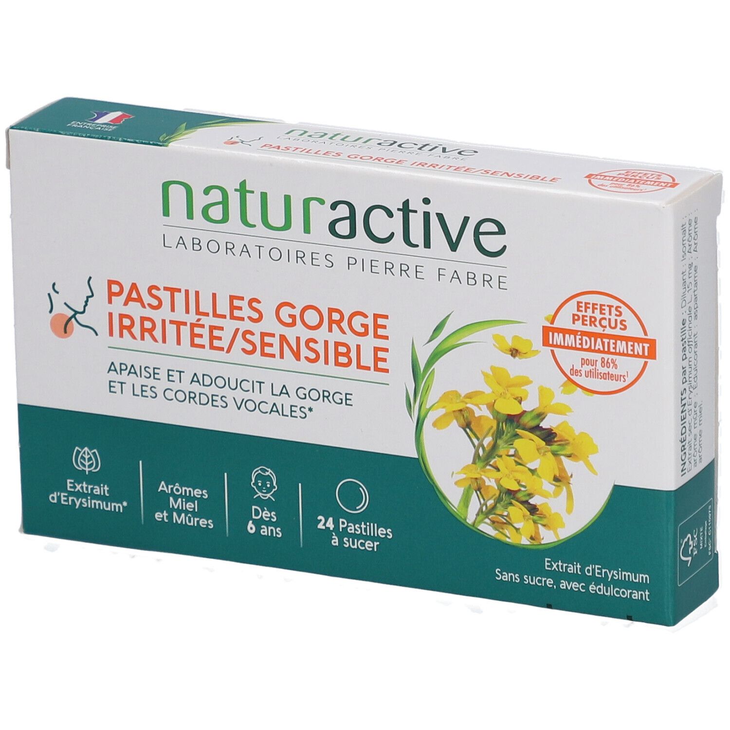 Boîte de pastilles Naturactive. Inscription: Pastilles Gorge Irritée/Sensible. Contient 24 pastilles à sucer.