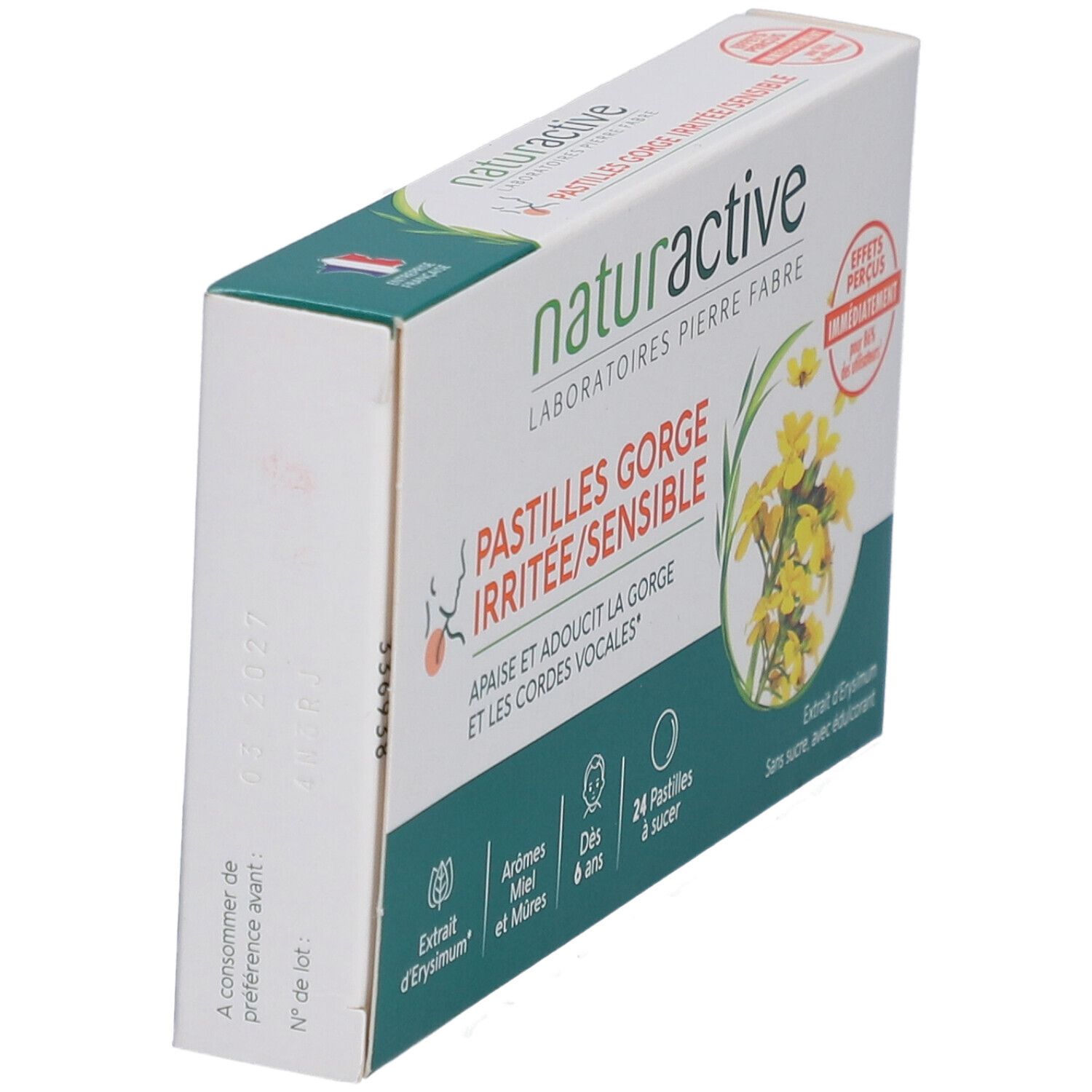 Boîte de pastilles Naturactive. Inscription: Pastilles Gorge Irritée/Sensible. Contient 24 pastilles à sucer.