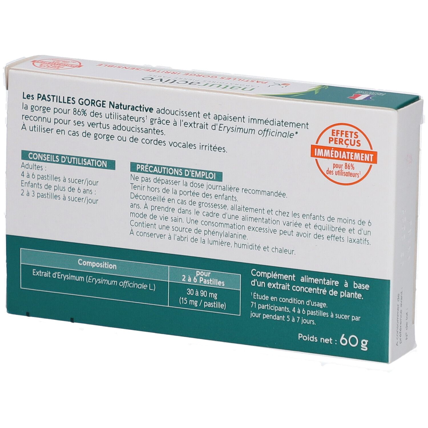 Dos de la boîte de pastilles Naturactive. Texte: conseils d'utilisation, précautions, composition, poids 60g.