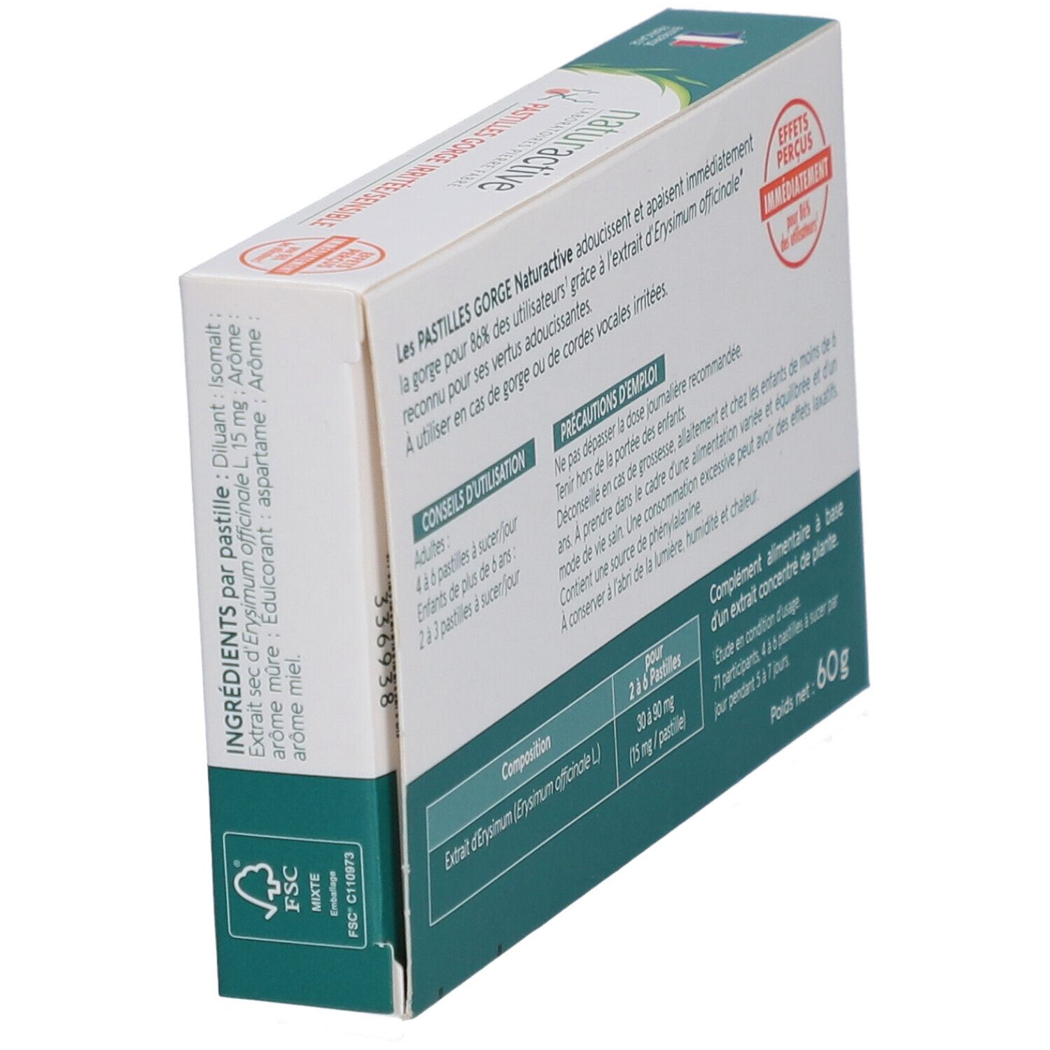 Boîte de pastilles Naturactive. Inscription: Pastilles Gorge Irritée/Sensible. Contient 24 pastilles à sucer.