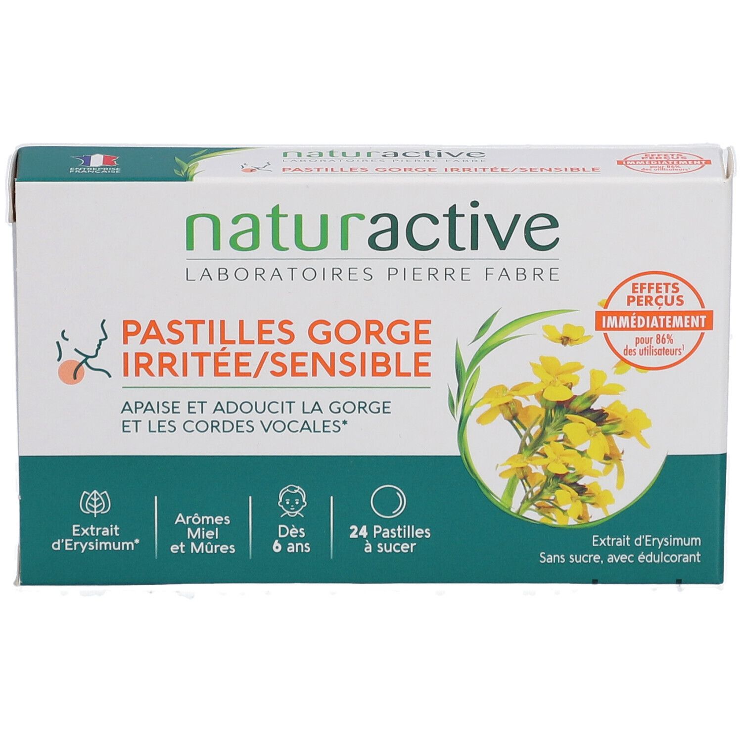 Boîte de pastilles Naturactive. Inscription: Pastilles Gorge Irritée/Sensible. Contient 24 pastilles à sucer.
