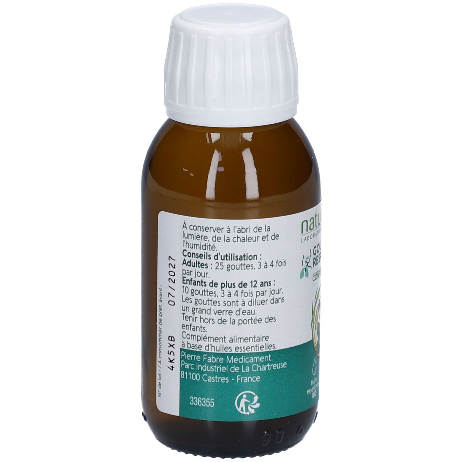 Braune Glasflasche mit weißem Deckel. Rückseite mit Text, darunter Verwendungszweck und Inhaltsstoffe. Haltbarkeit 07/2027.