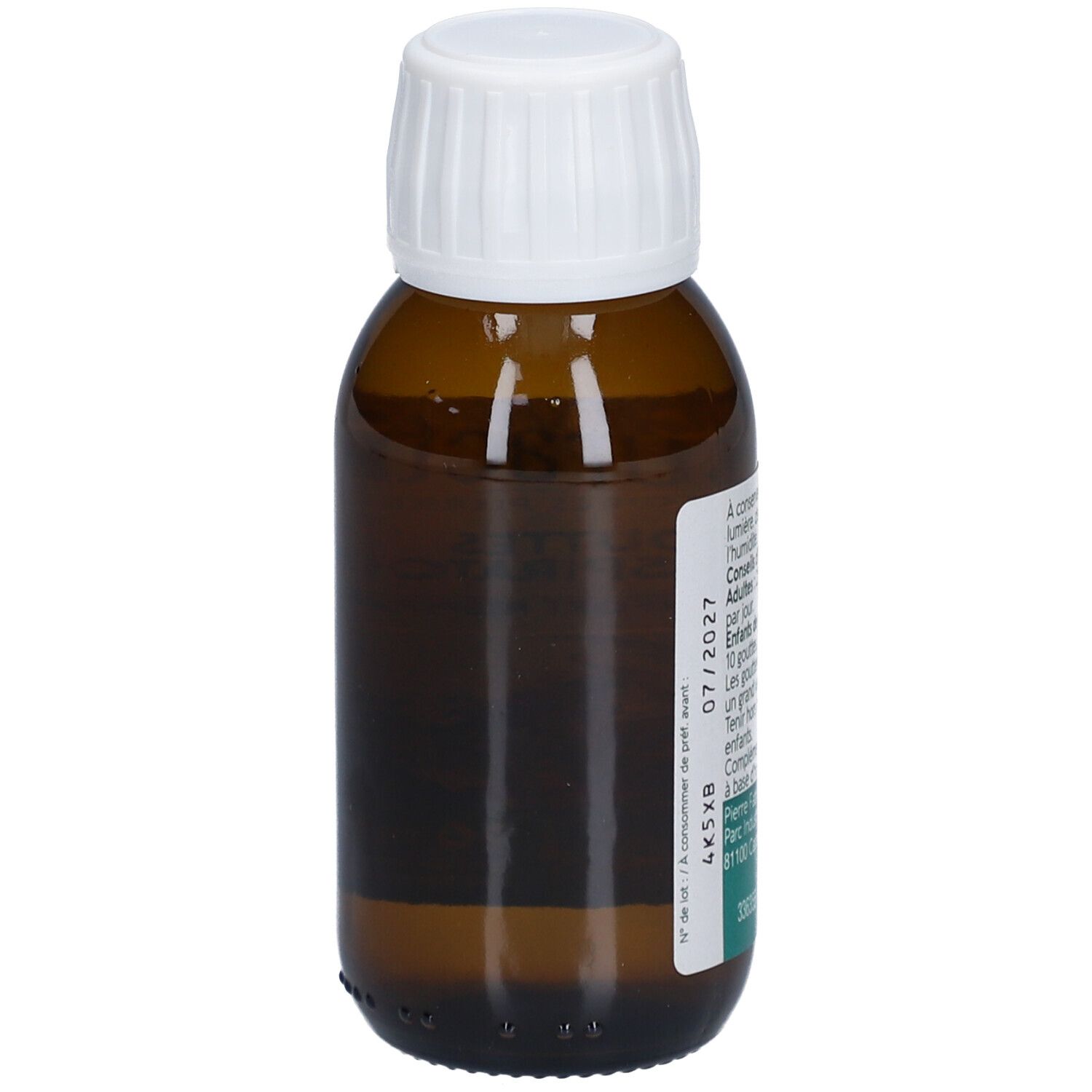 Braune Glasflasche mit weißem Deckel. Rückseite mit Text, darunter Verwendungszweck und Inhaltsstoffe. Haltbarkeit 07/2027.