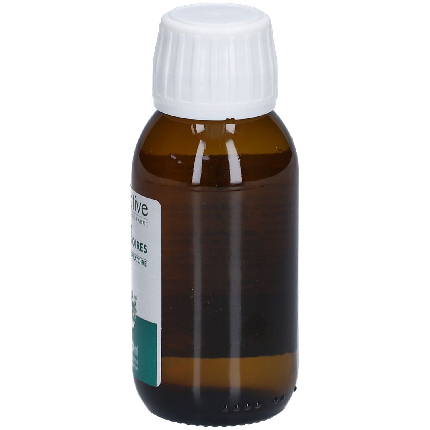 Braune Glasflasche mit weißem Deckel. Etikett mit Produktnamen und floraler Illustration. 90 ml.