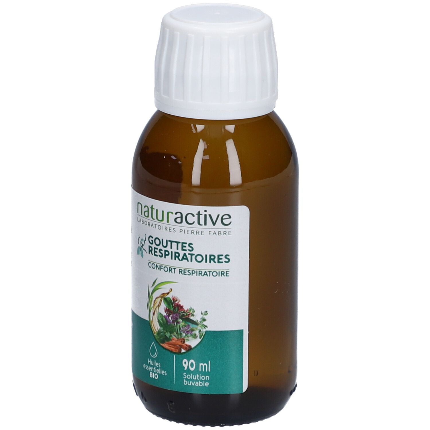 Braune Glasflasche mit weißem Deckel. Etikett mit Produktnamen und floraler Illustration. 90 ml.