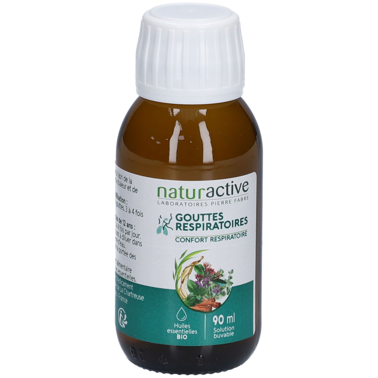 Braune Glasflasche mit weißem Deckel. Etikett mit Produktnamen und floraler Illustration. 90 ml.