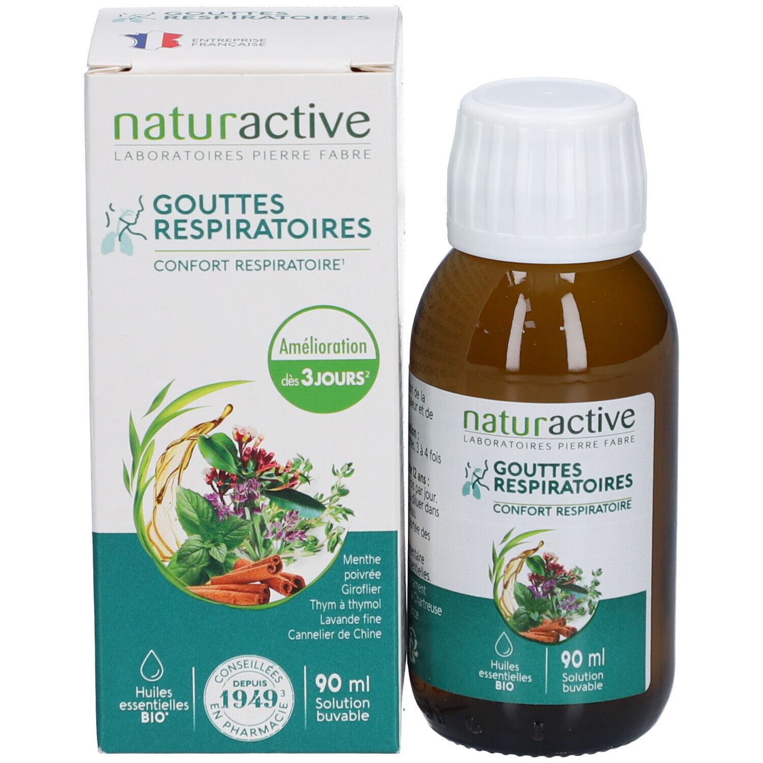 Produktflasche und Schachtel. Flasche braun, weißer Deckel. Schachtel weiß mit grünen Akzenten, Produktname.