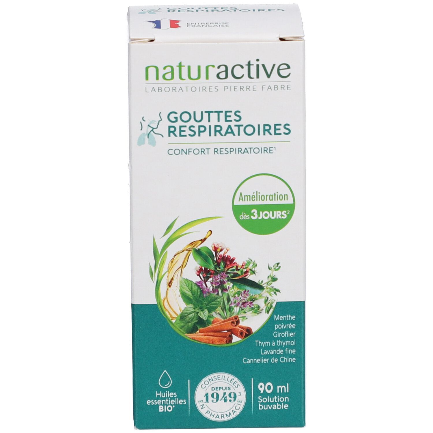 Weiße Schachtel mit grünen Akzenten. Produktname, Illustrationen von Kräutern und Flasche. 90 ml.