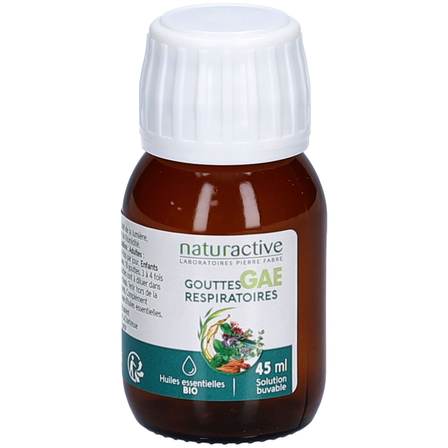 Braune Glasflasche mit weißem Deckel. Etikett mit Produktnamen und Inhaltsstoffen. 45 ml.