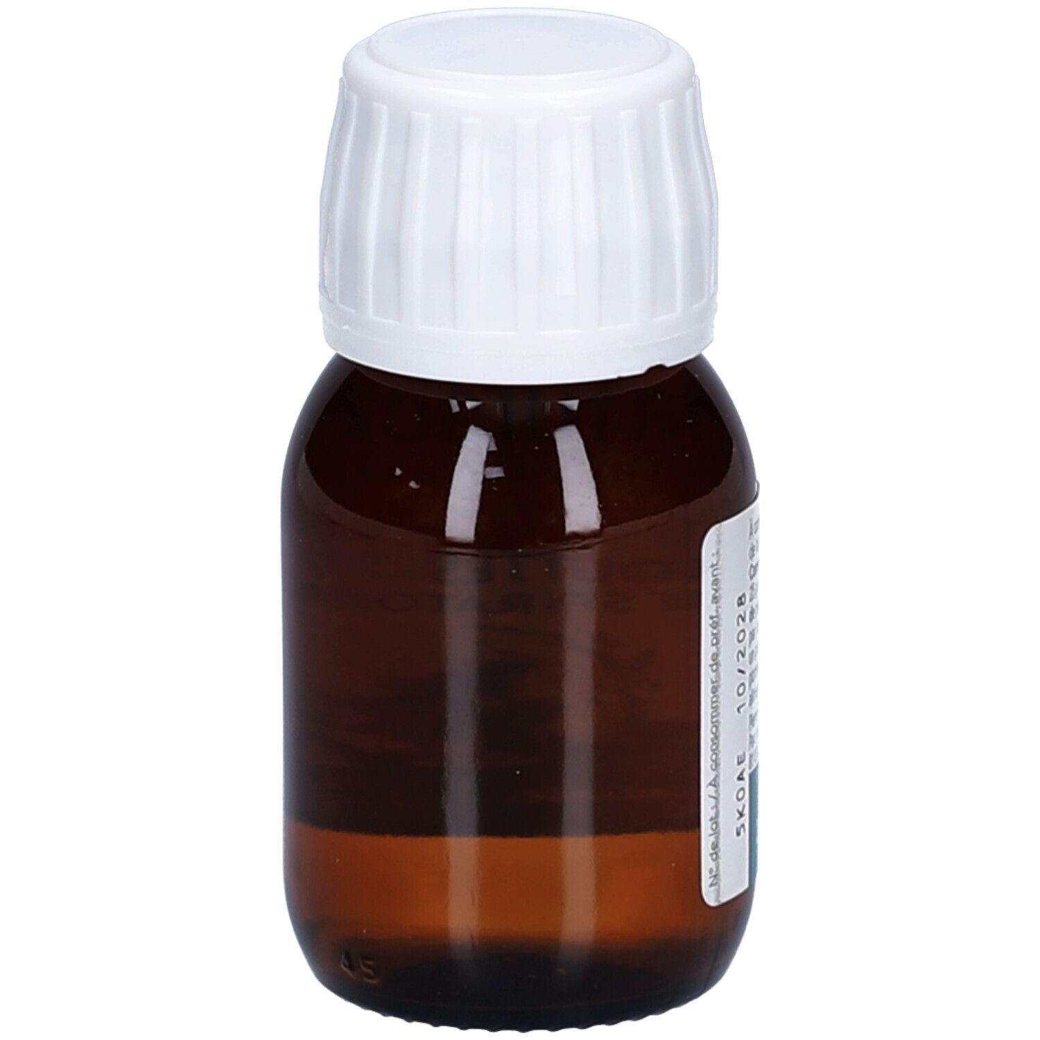 Braune Glasflasche mit weißem Deckel. Keine Etiketten sichtbar.