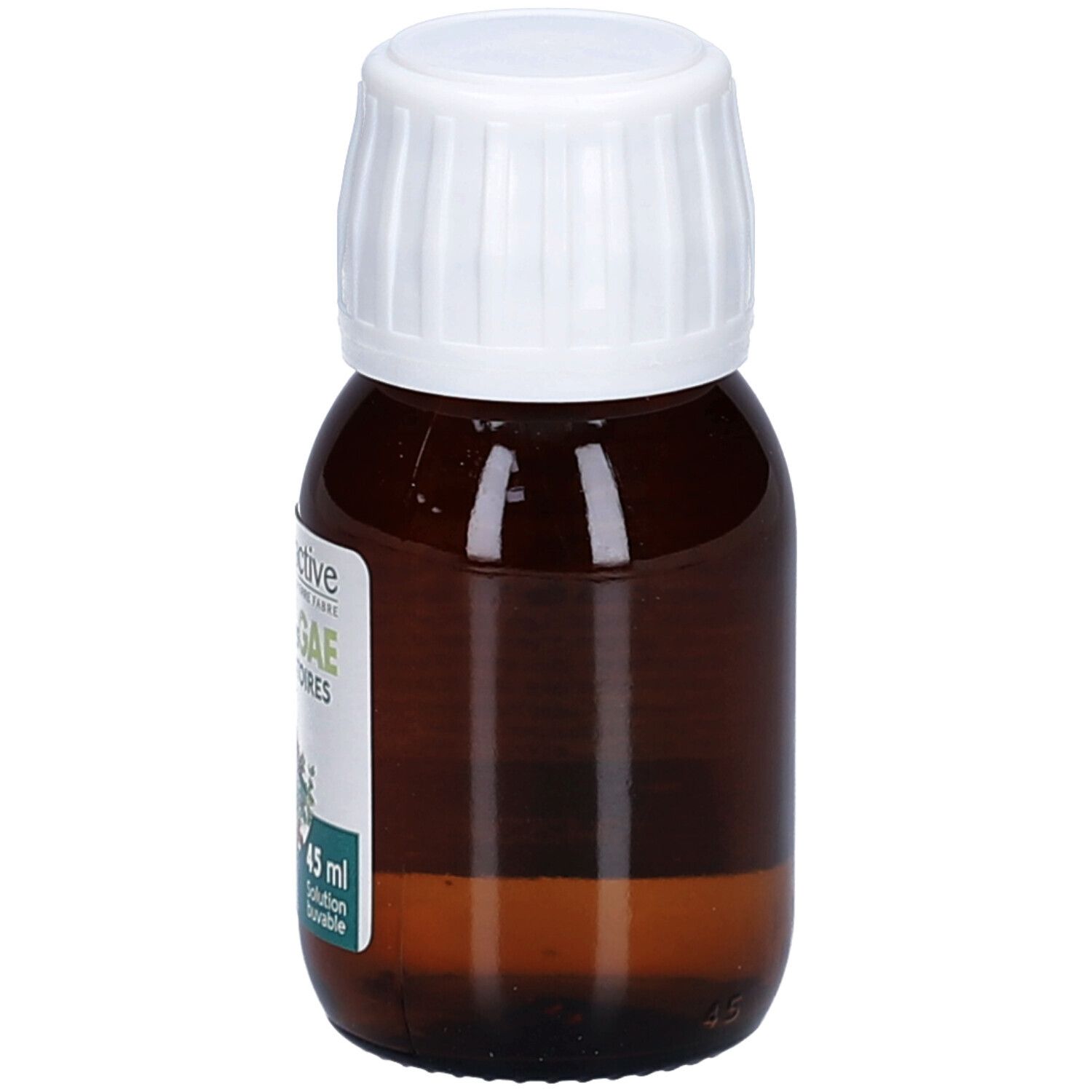 Braune Glasflasche mit weißem Deckel. Etikett mit Produktnamen und Inhaltsstoffen. 45 ml.