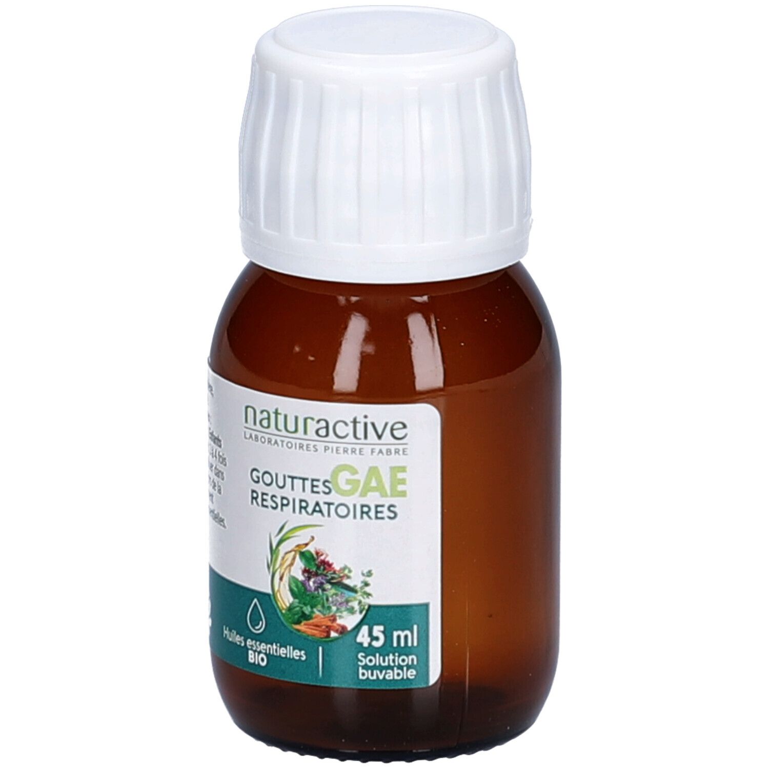 Braune Glasflasche mit weißem Deckel. Etikett mit Produktnamen und Inhaltsstoffen. 45 ml.