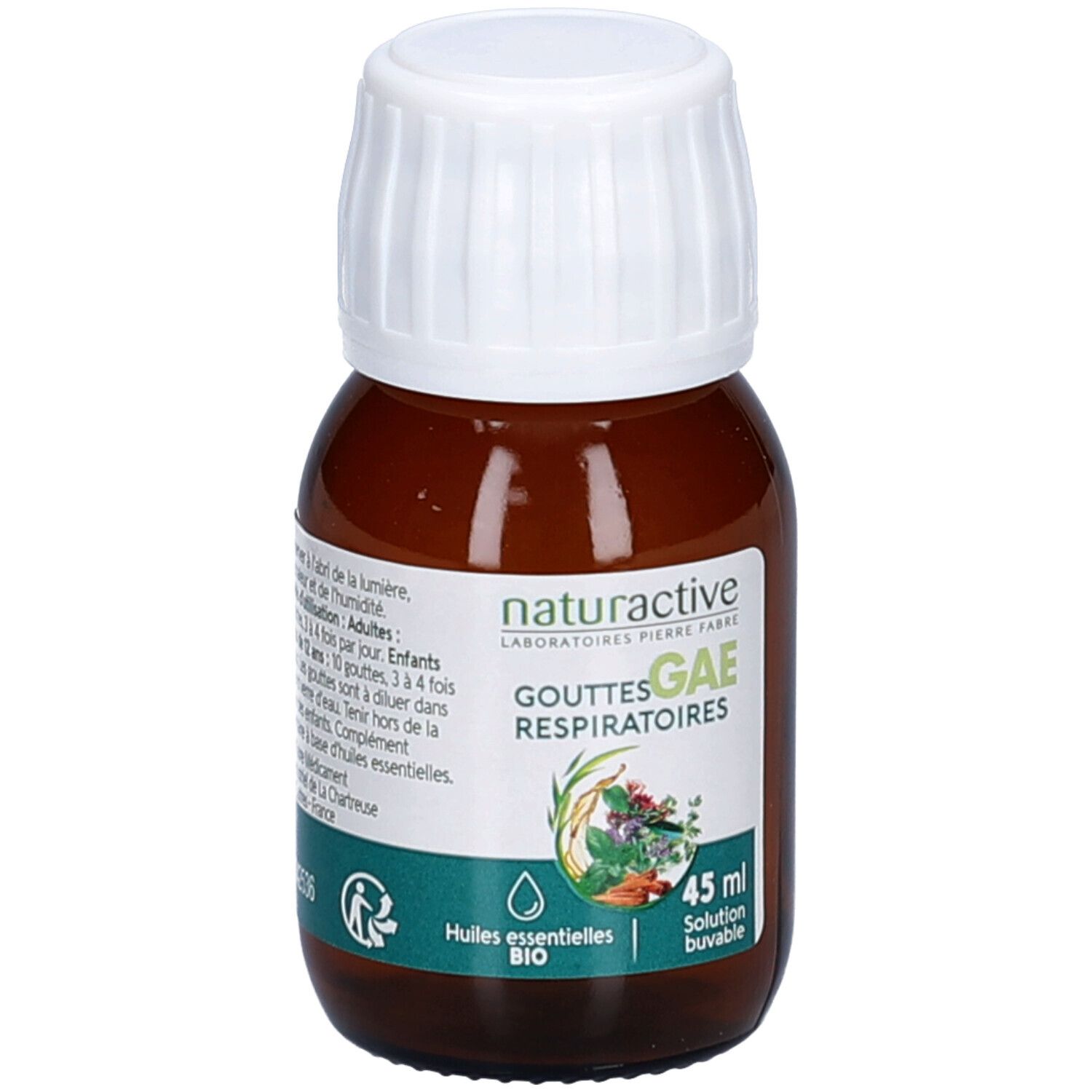 Braune Glasflasche mit weißem Deckel. Etikett mit Produktnamen und Inhaltsstoffen. 45 ml.