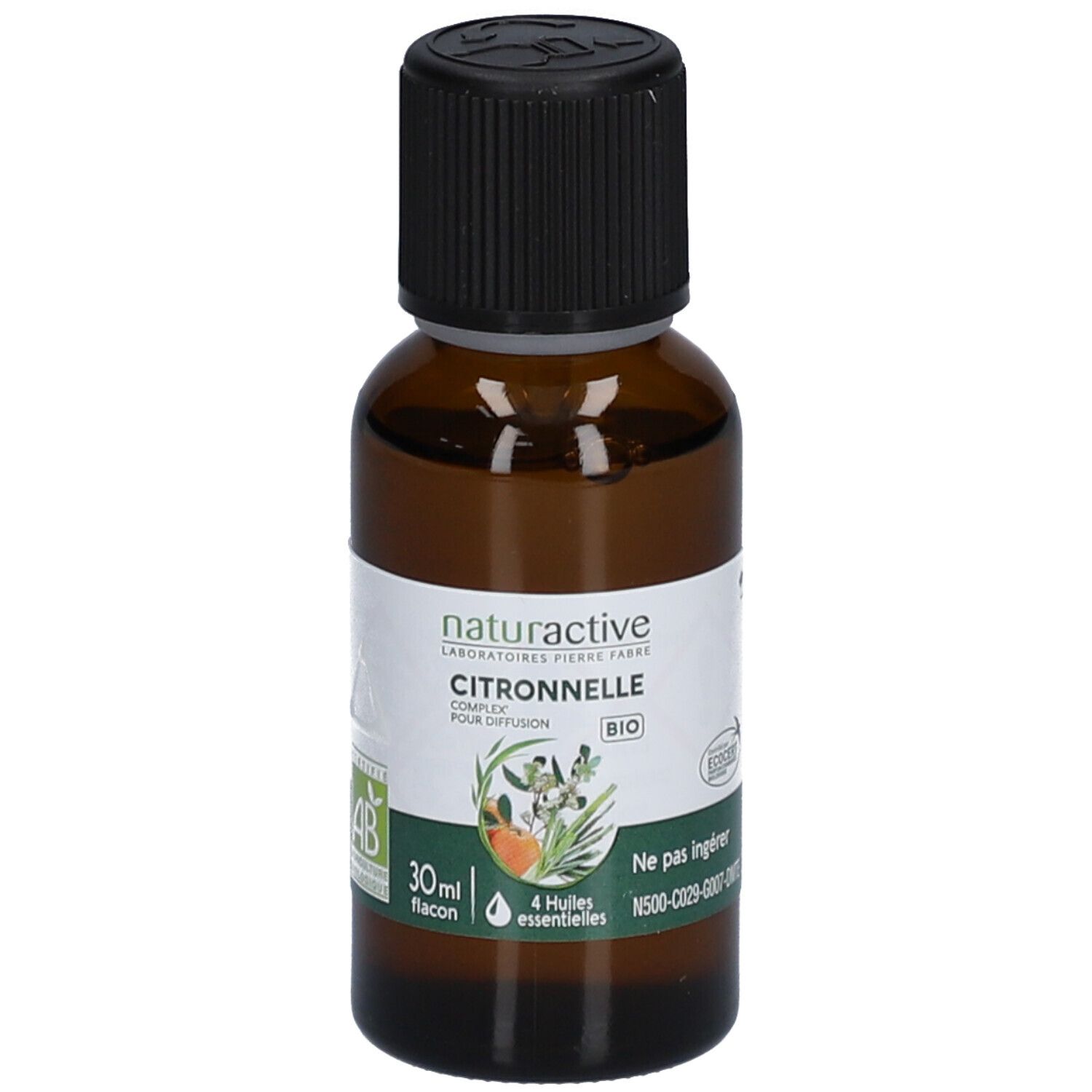 Flacon en verre brun avec bouchon noir. Étiquette avec nom du produit, certification bio et informations. 30ml.