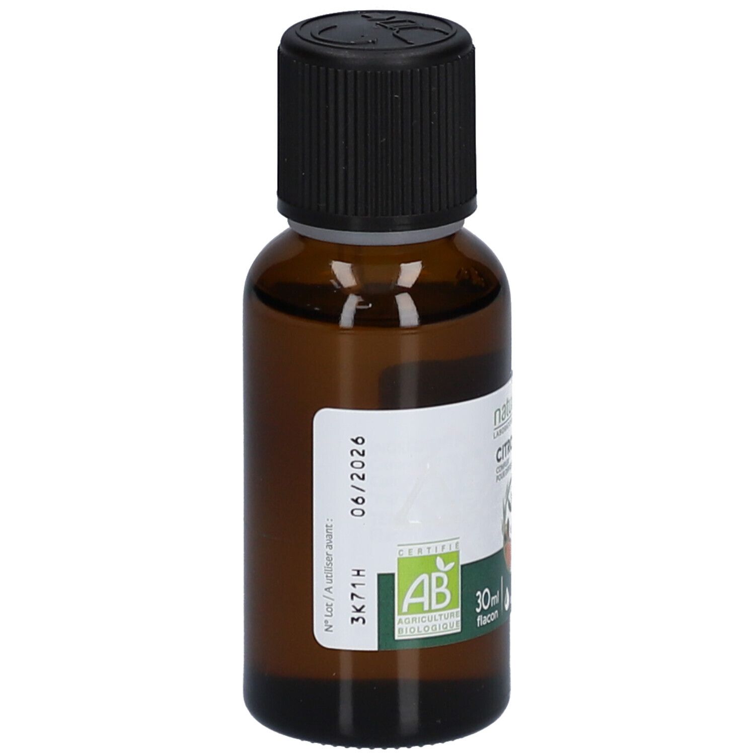 Flacon en verre brun avec bouchon noir. Étiquette avec date de péremption 06/2026 et certification bio. 30ml.