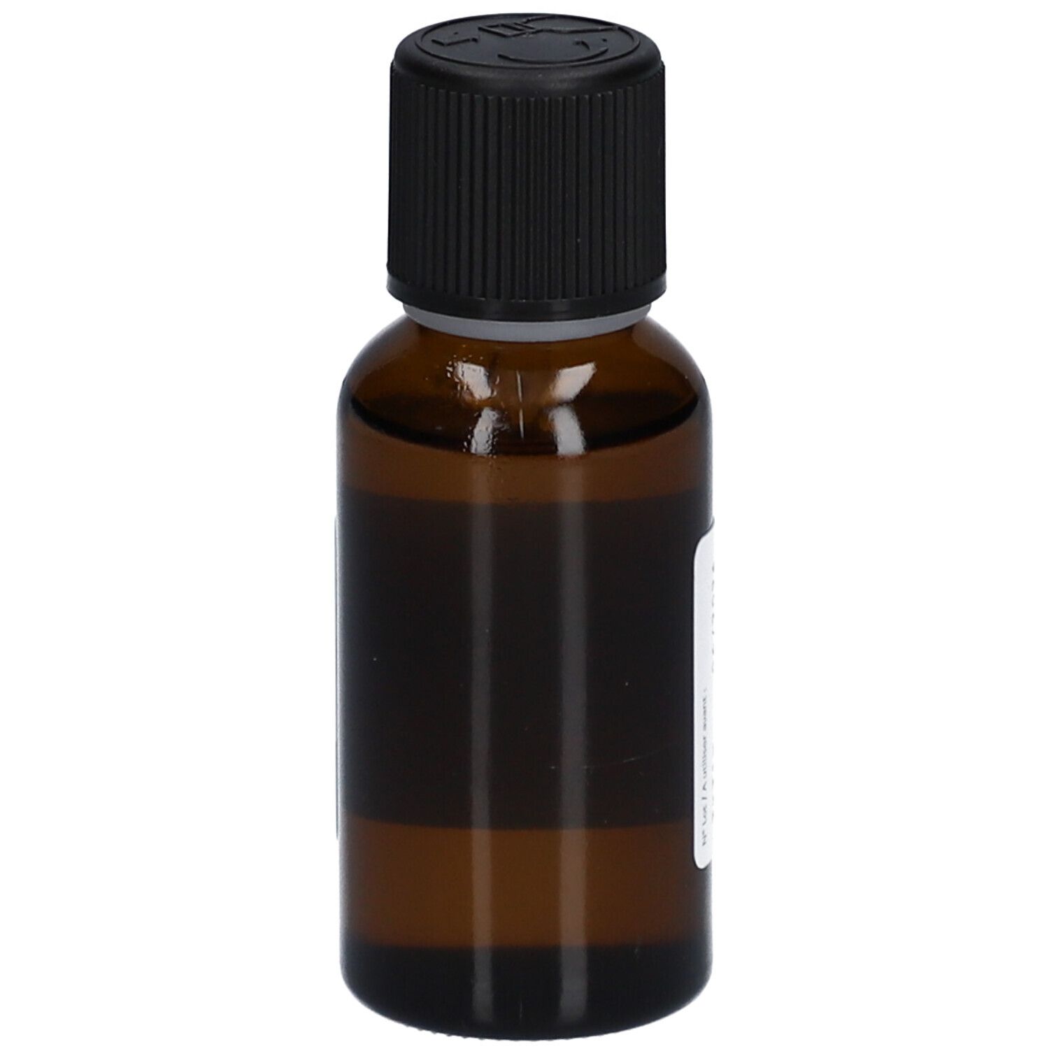 Flacon en verre brun avec bouchon noir. Étiquette sur le flacon. Aucun autre détail visible.