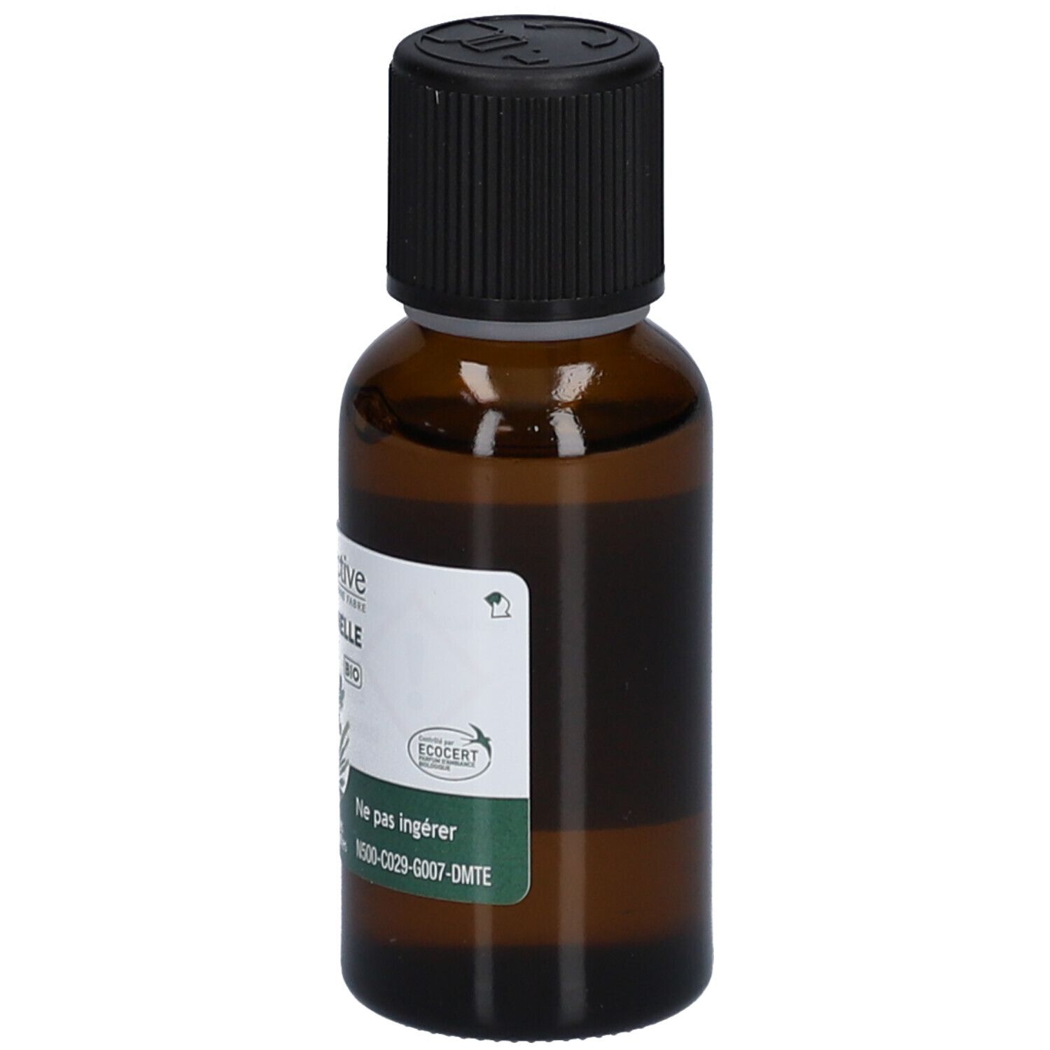 Flacon en verre brun avec bouchon noir. Étiquette avec informations produit et logo Ecocert. 30ml.