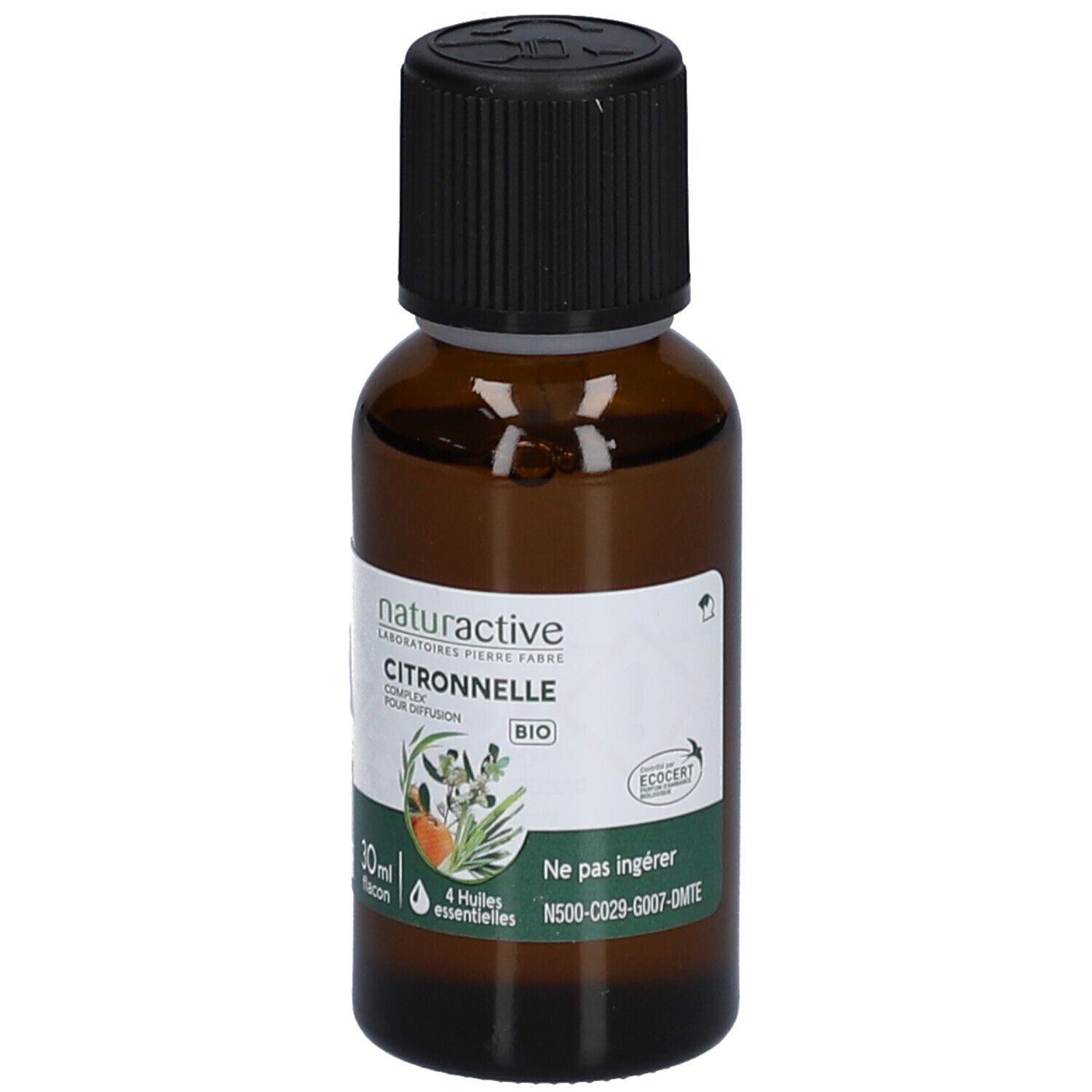 Flacon en verre brun avec bouchon noir. Étiquette avec nom du produit, certification bio et informations. 30ml.