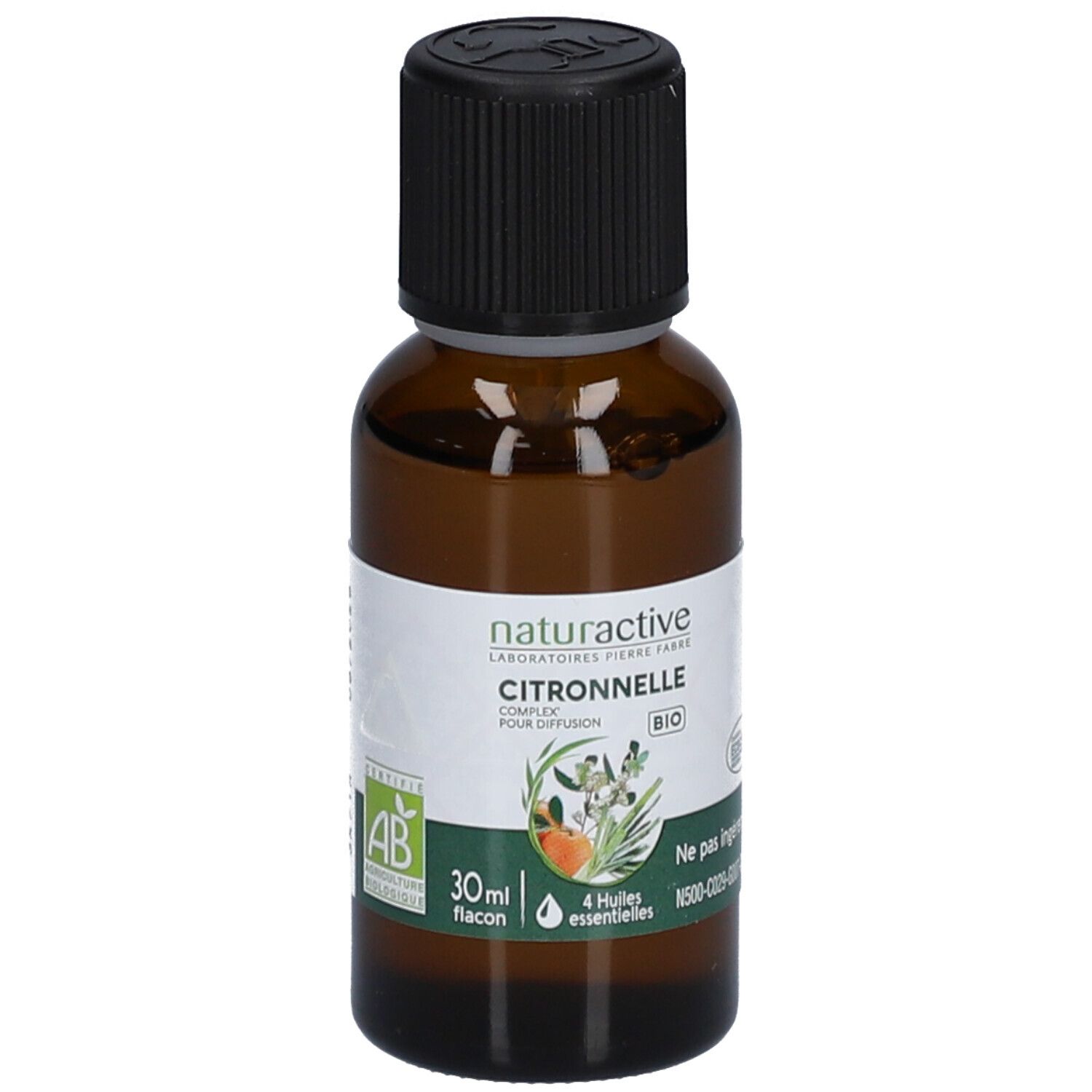 Flacon en verre brun avec bouchon noir. Étiquette avec nom du produit, certification bio et informations. 30ml.