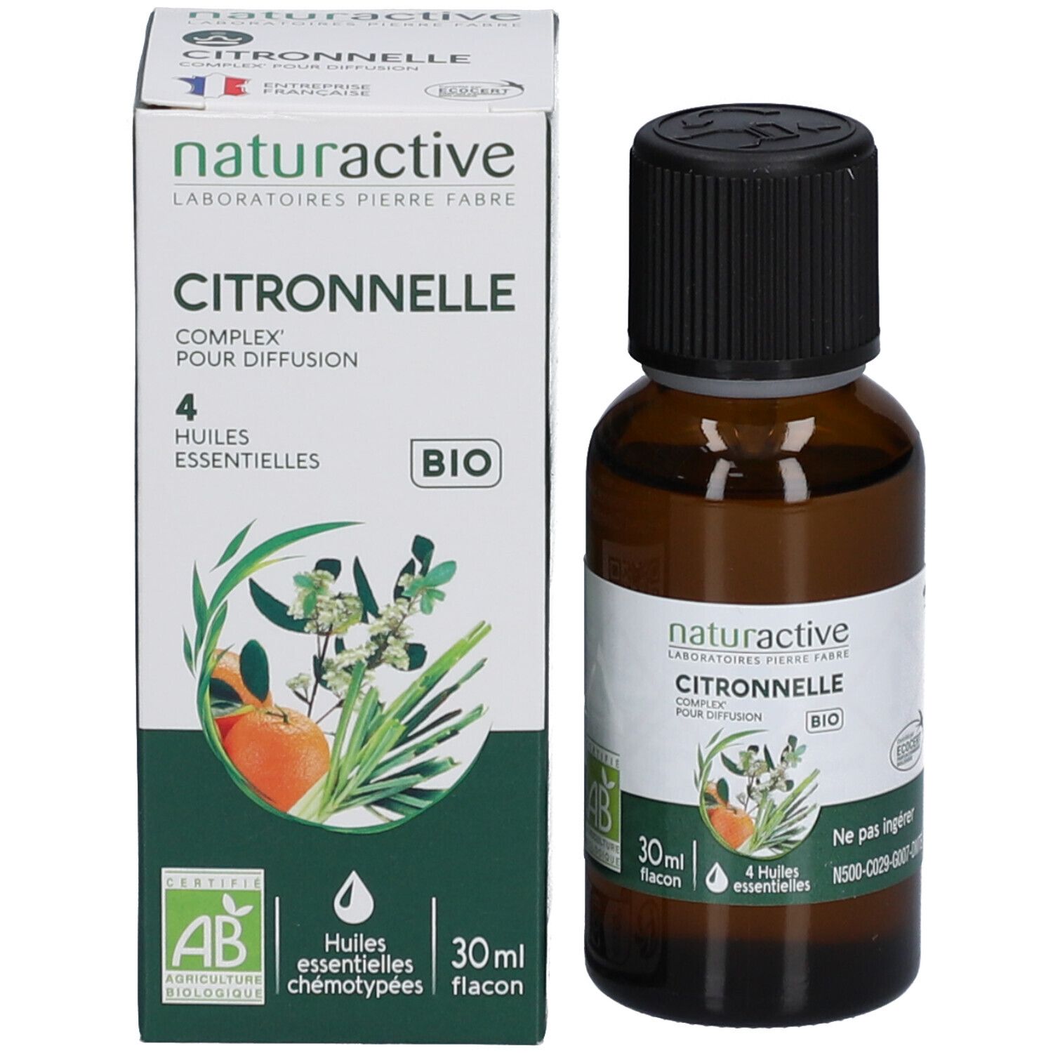 Flacon et emballage du produit. Flacon brun avec bouchon noir. Emballage avec nom du produit et logo bio. 30ml.