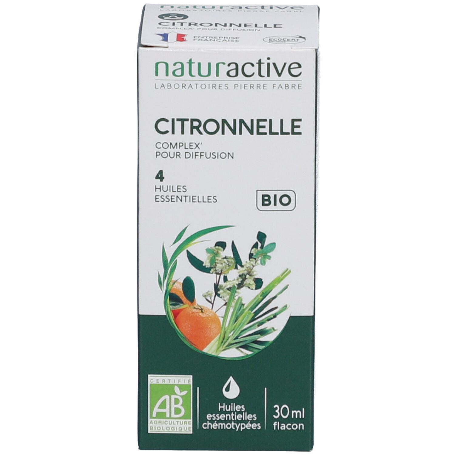 Emballage du produit. Boîte avec nom du produit, logo bio et informations. 30ml.