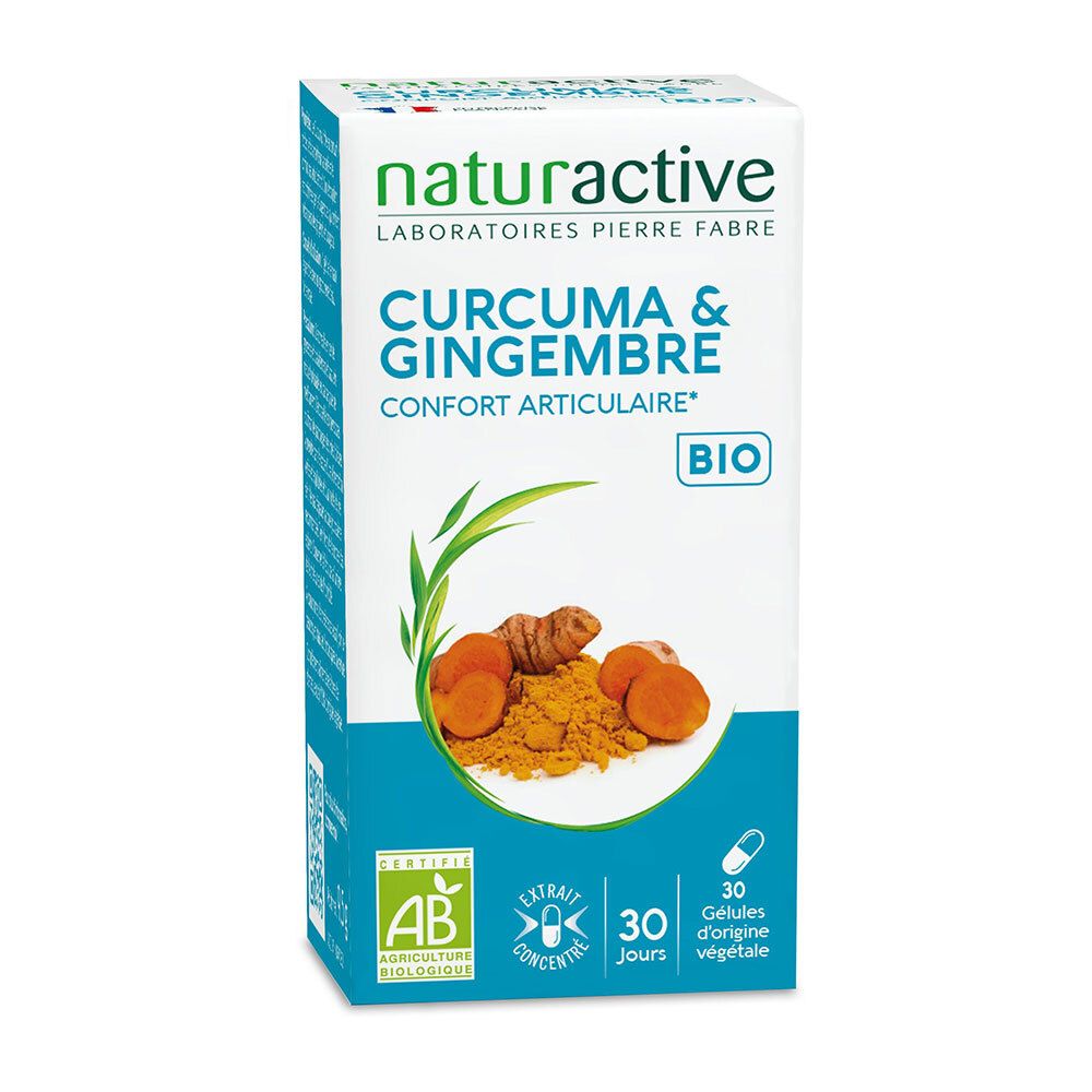 Produktverpackung mit Aufschrift: CURCUMA & GINGEMBRE, BIO. Zertifizierungen: AB, BIO. Enthält 30 Kapseln.