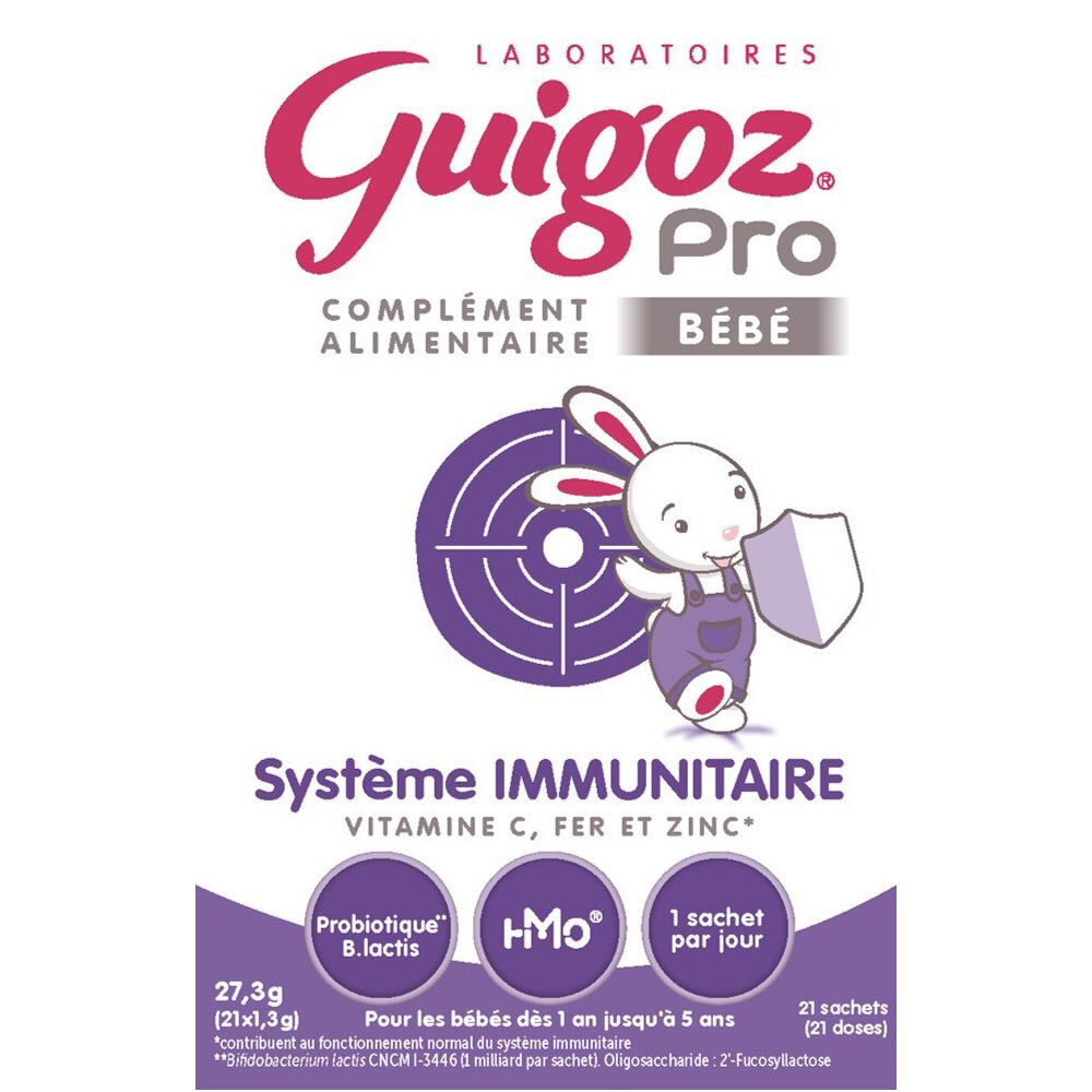 Boîte Guigoz Pro Bébé. Violet, blanc. Ingrédients, illustration lapin, texte Système Immunitaire. Complément alimentaire.