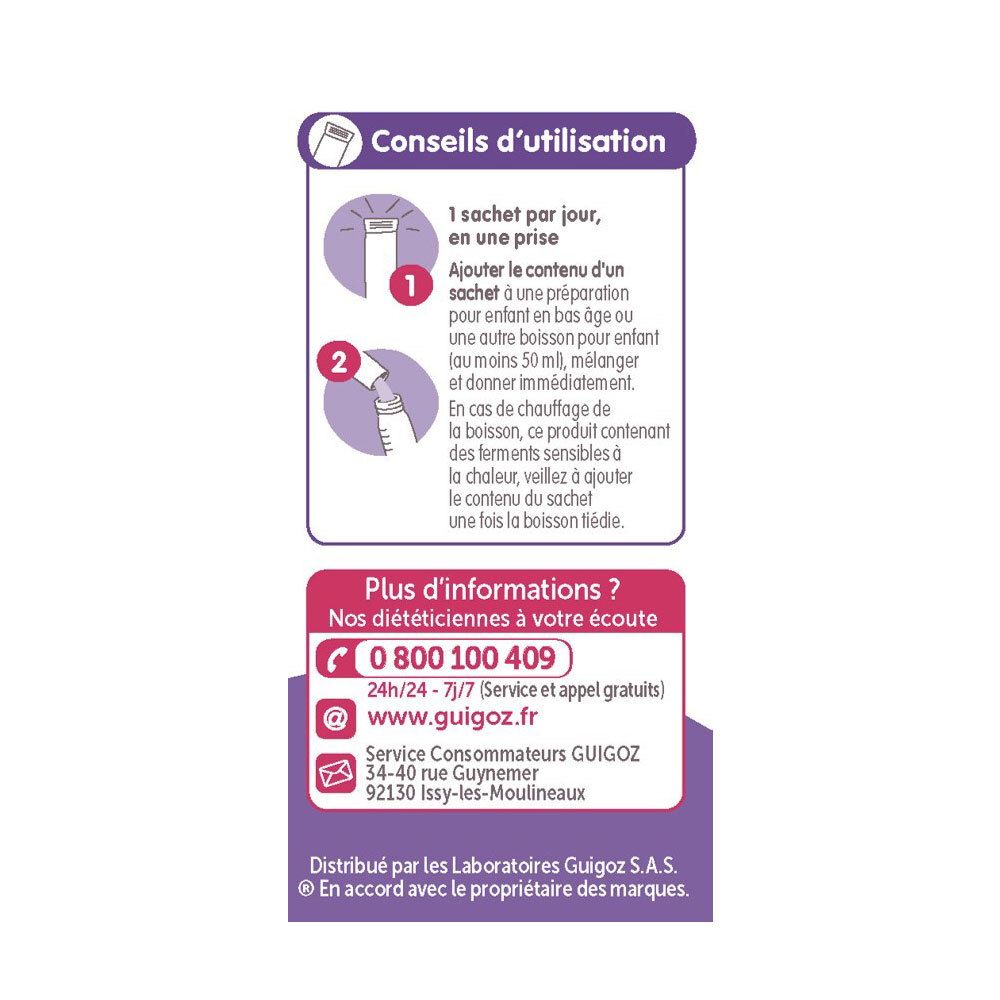 Dos de la boîte Guigoz Pro Bébé. Conseils d'utilisation, coordonnées et adresse.