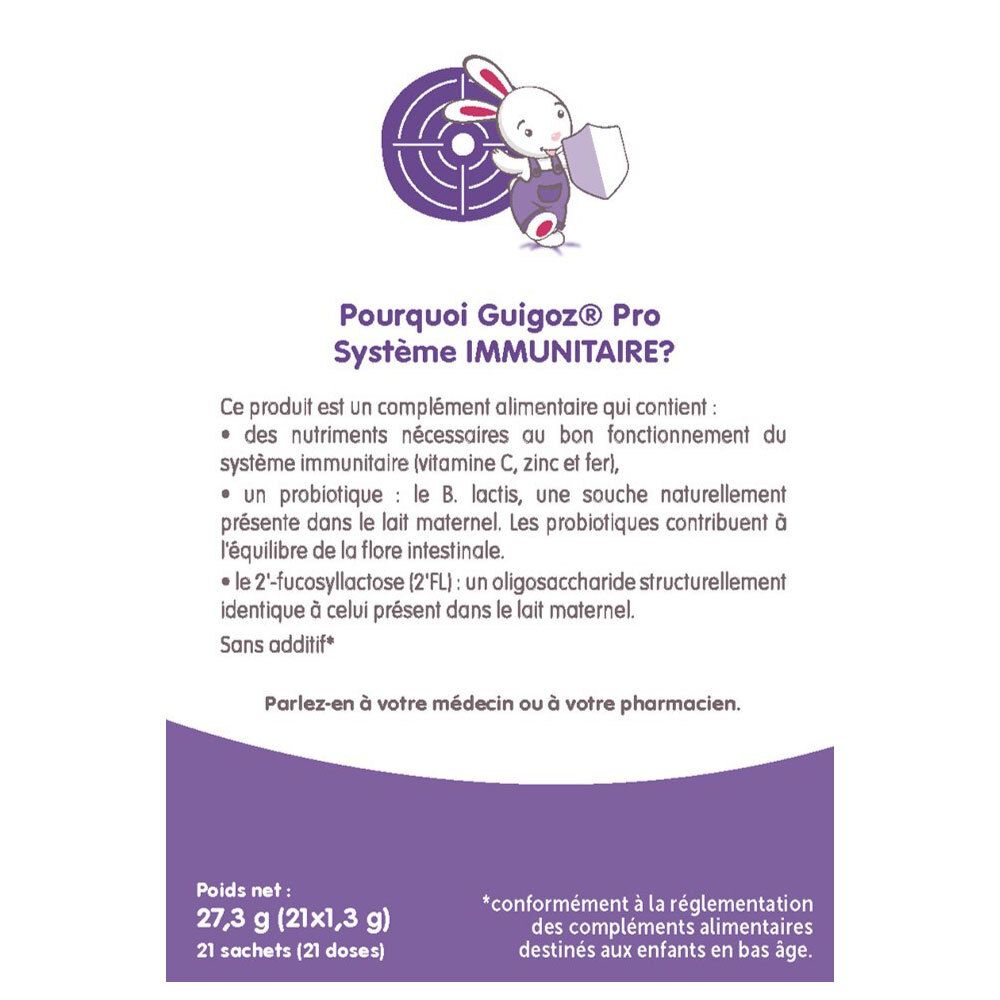 Dos boîte Guigoz Pro Bébé. Texte: Pourquoi Guigoz Pro Système Immunitaire? Ingrédients, avertissement.