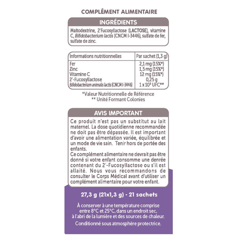 Dos boîte Guigoz Pro Bébé. Ingrédients, informations nutritionnelles, avis important et conservation.