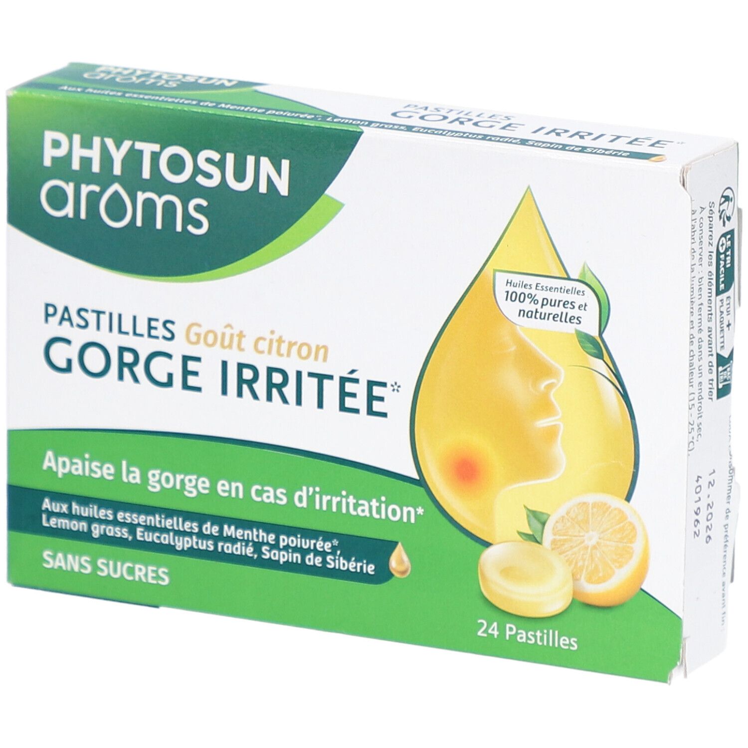 Schachtel mit Pastillen. Aufschrift: GORGE IRRITEE, Geschmack Zitrone. 24 Pastillen, ohne Zucker.