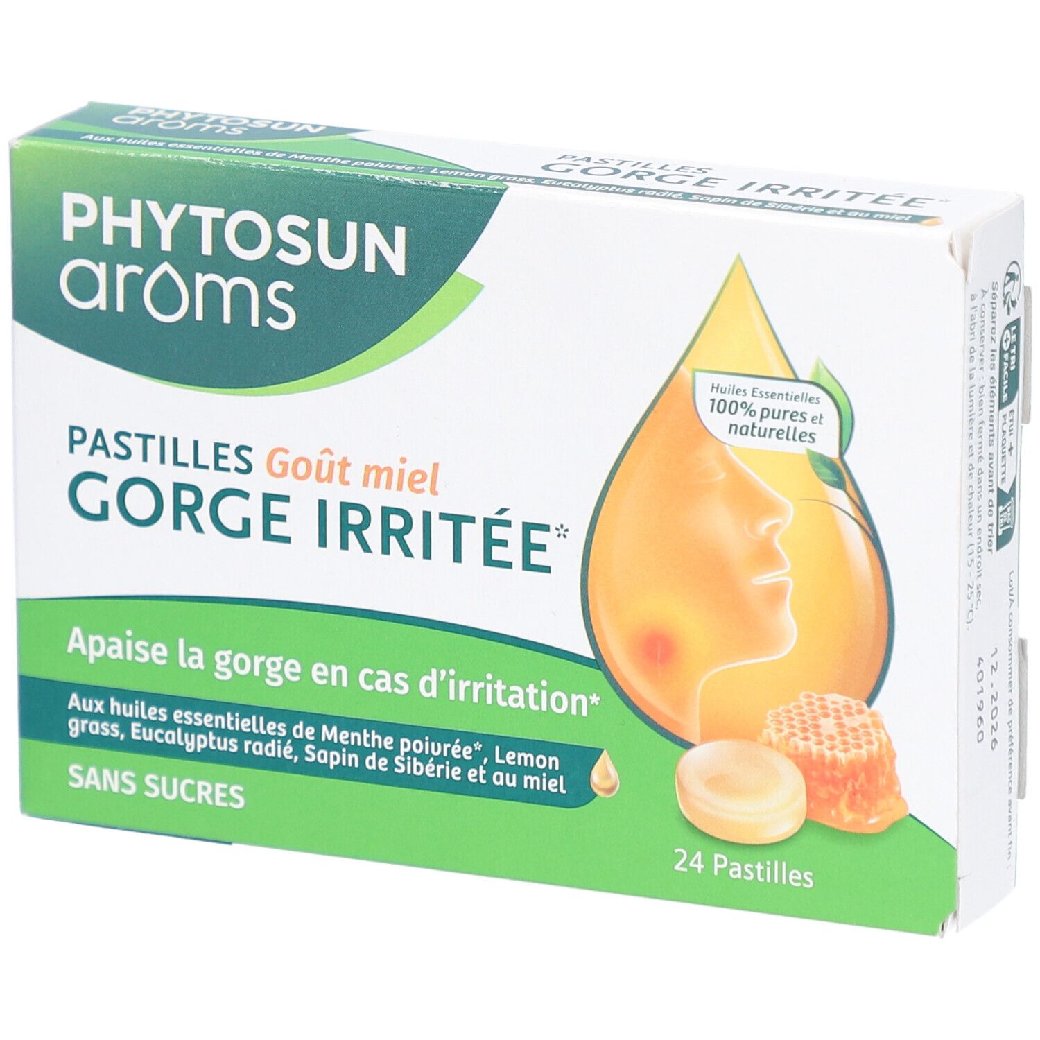 Schachtel mit Phytosun Aroms Pastillen. Aufschrift: GORGE IRRITEE, 24 Pastillen, ohne Zucker. Abbildung: Honigwabe, Tropfen.
