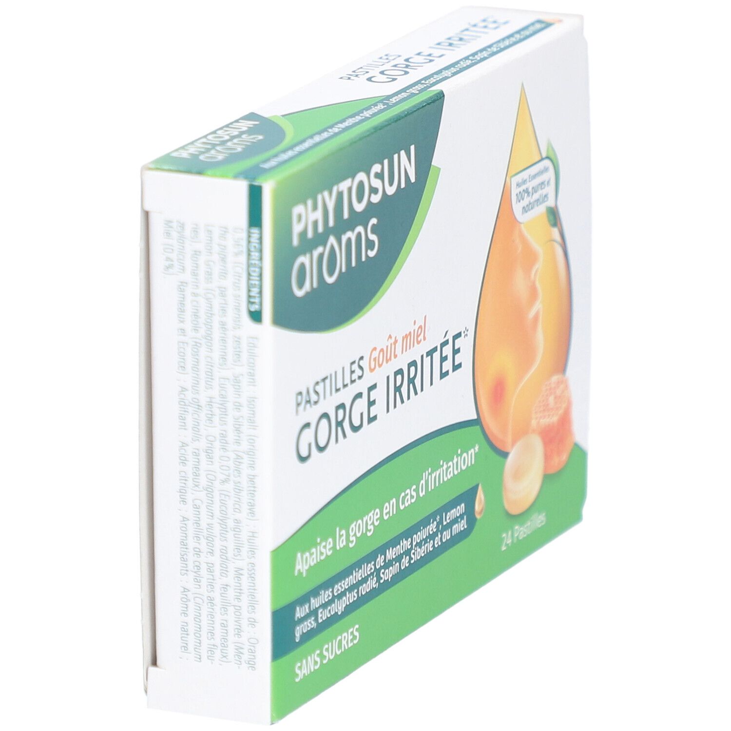Schachtel Phytosun Aroms Pastillen. Aufschrift: GORGE IRRITEE, 24 Pastillen, ohne Zucker. Seitenansicht, schräg.