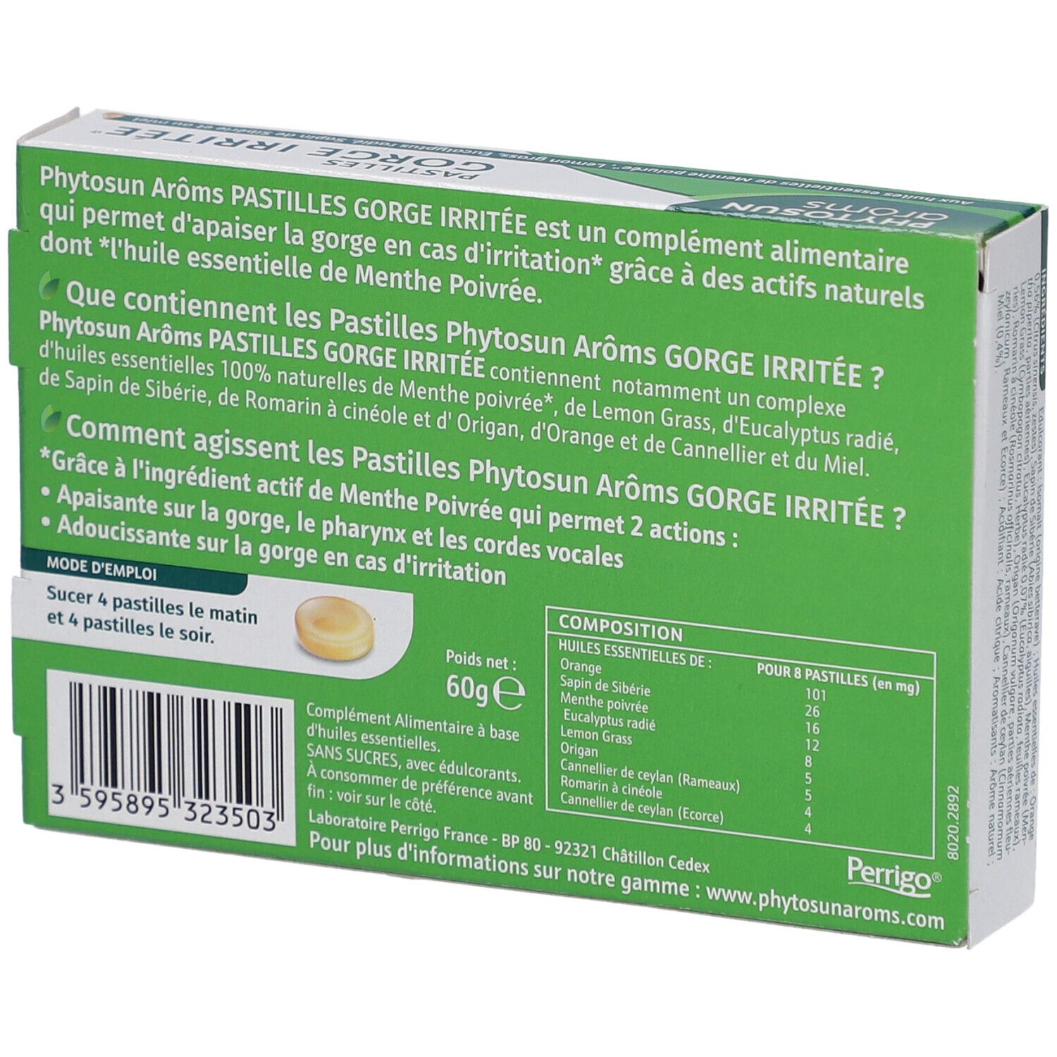 Rückseite der Schachtel Phytosun Aroms Pastillen. Text: Inhaltsstoffe, Zusammensetzung, Gebrauchsanweisung. Gewicht: 60g.