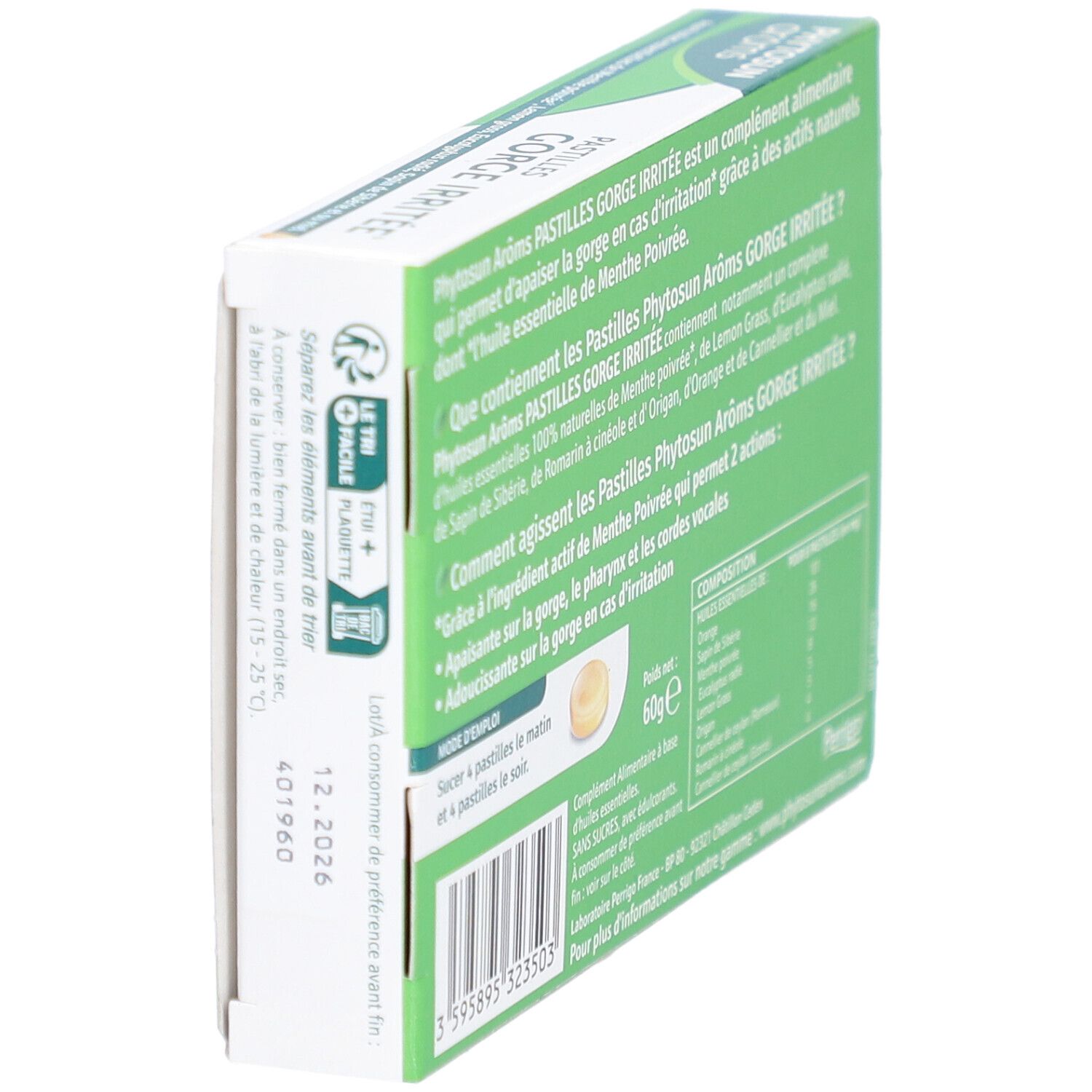 Schachtel Phytosun Aroms Pastillen. Text: GORGE IRRITEE, 60g, Haltbarkeit. Ansicht schräg.