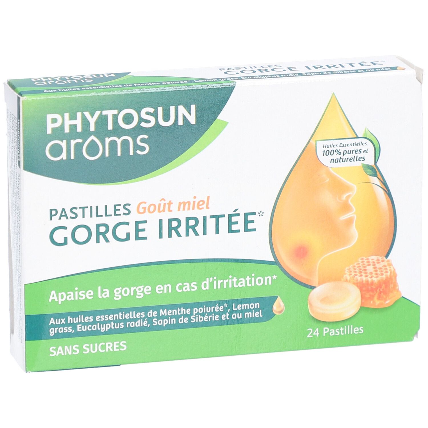 Schachtel mit Phytosun Aroms Pastillen. Aufschrift: GORGE IRRITEE, 24 Pastillen, ohne Zucker. Abbildung: Honigwabe, Tropfen.