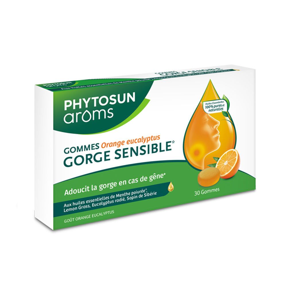 Boîte de gommes PHYTOSUN arôms. Goût orange eucalyptus. 30 gommes. Design vert et blanc avec illustration du produit.