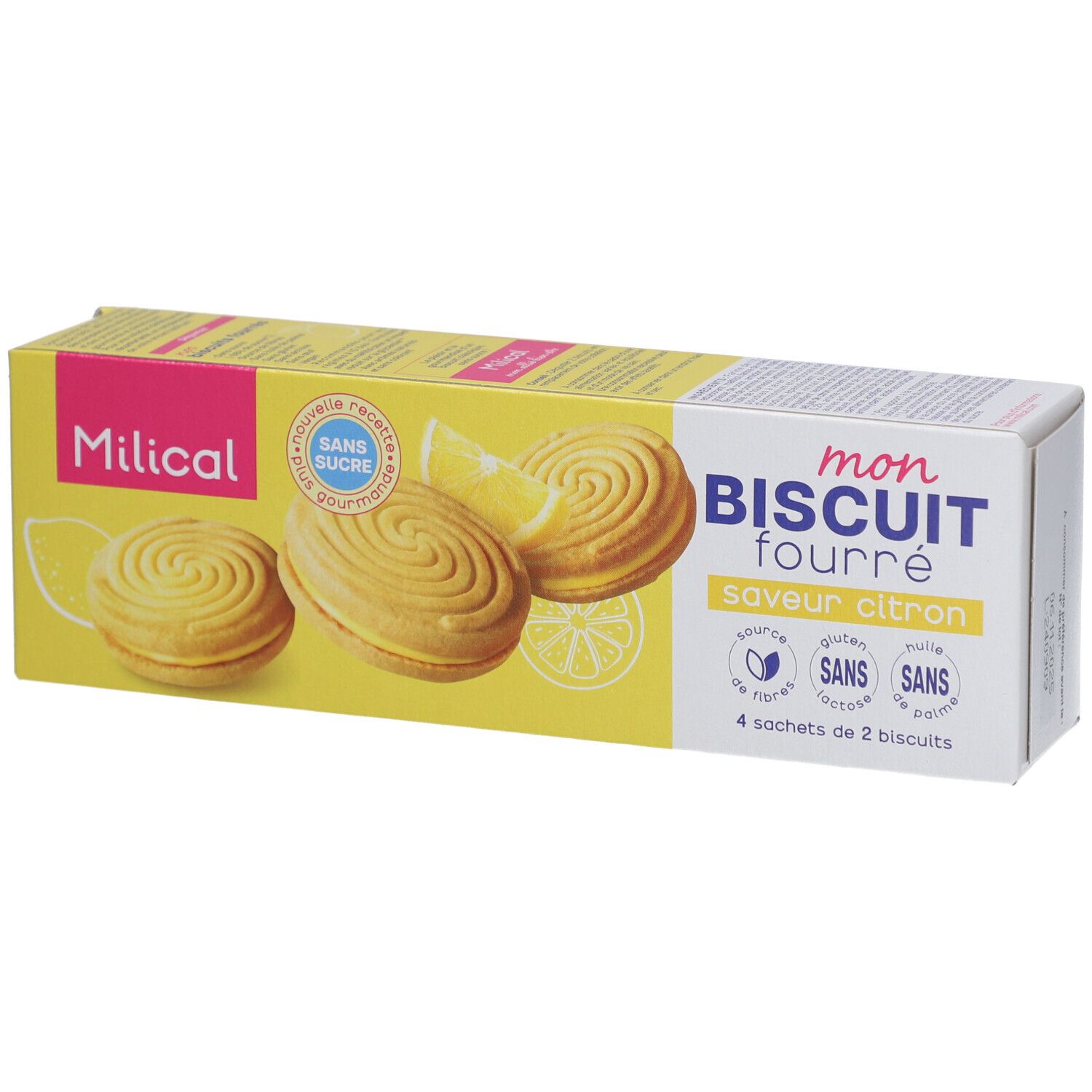 Gelbe Verpackung mit "Milical" und "mon BISCUIT fourré saveur citron". Abgebildet sind Kekse und Zitronen. "Sans sucre".