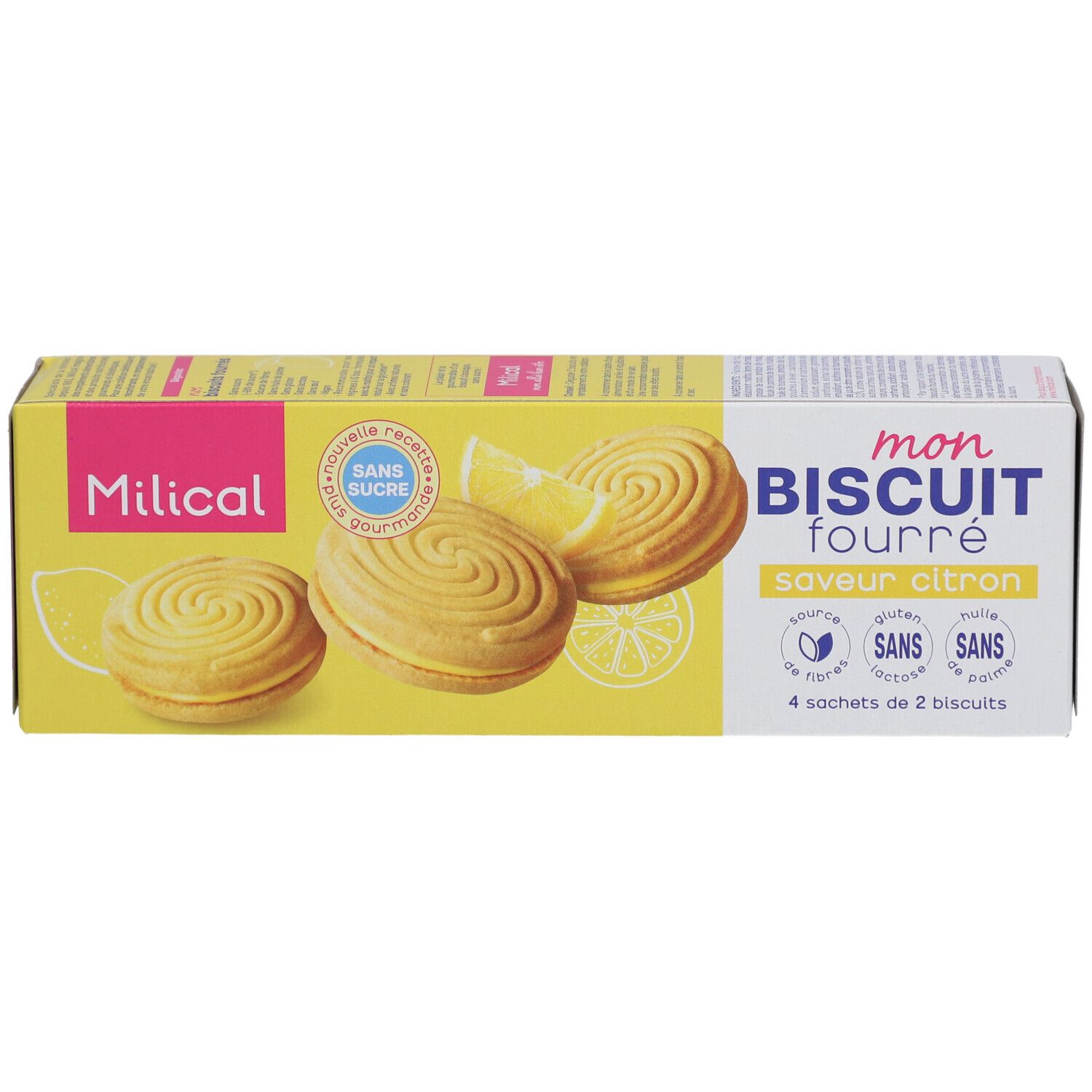 Gelbe Verpackung mit "Milical" und "mon BISCUIT fourré saveur citron". Kekse und Zitrone abgebildet. "Sans sucre". 4 x 2 Kekse.