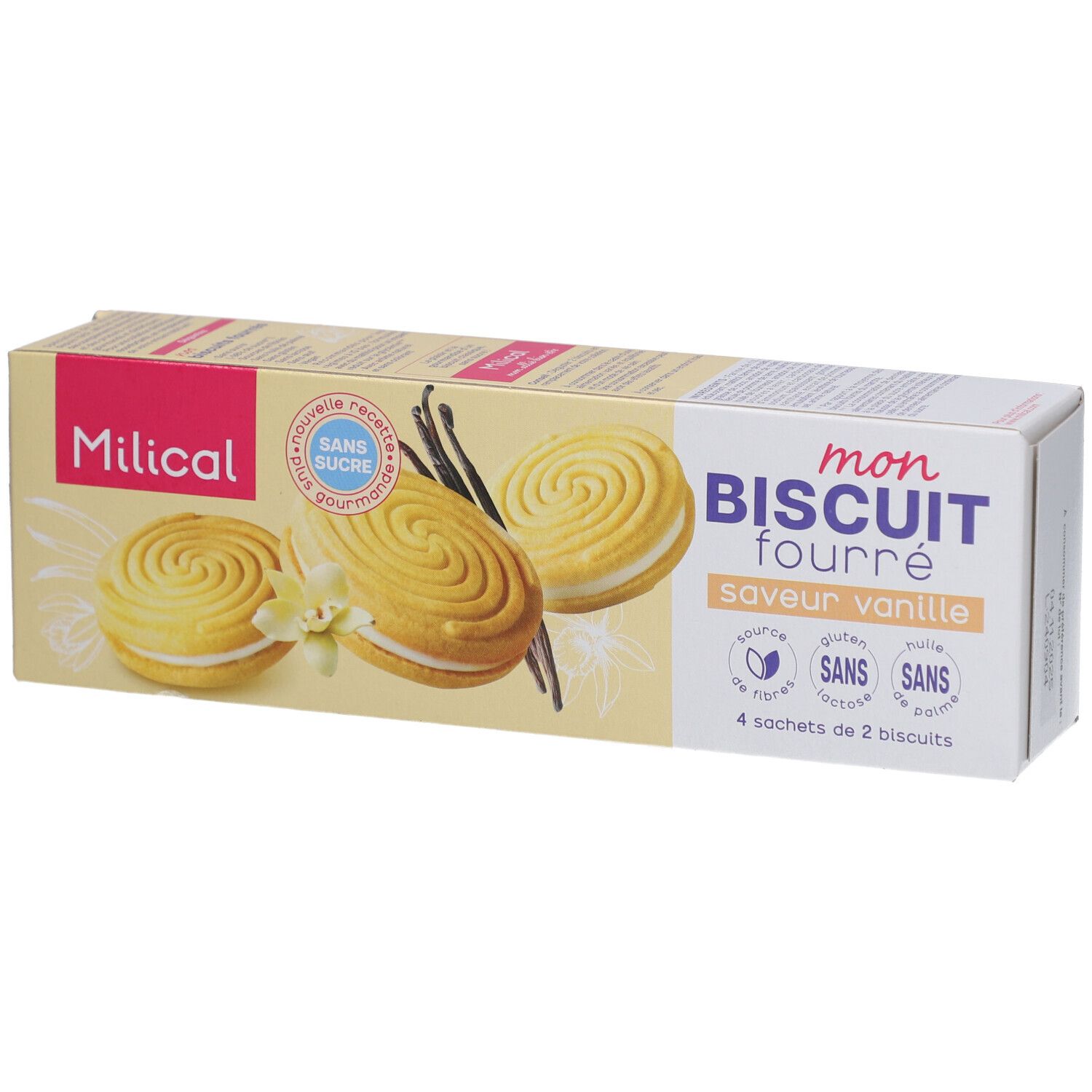 Verpackung mit Keksen. Aufschrift: Milical, Mon Biscuit Fourré, Vanille. 4 Beutel à 2 Kekse. Ohne Zucker, Gluten, Laktose, Palmöl.