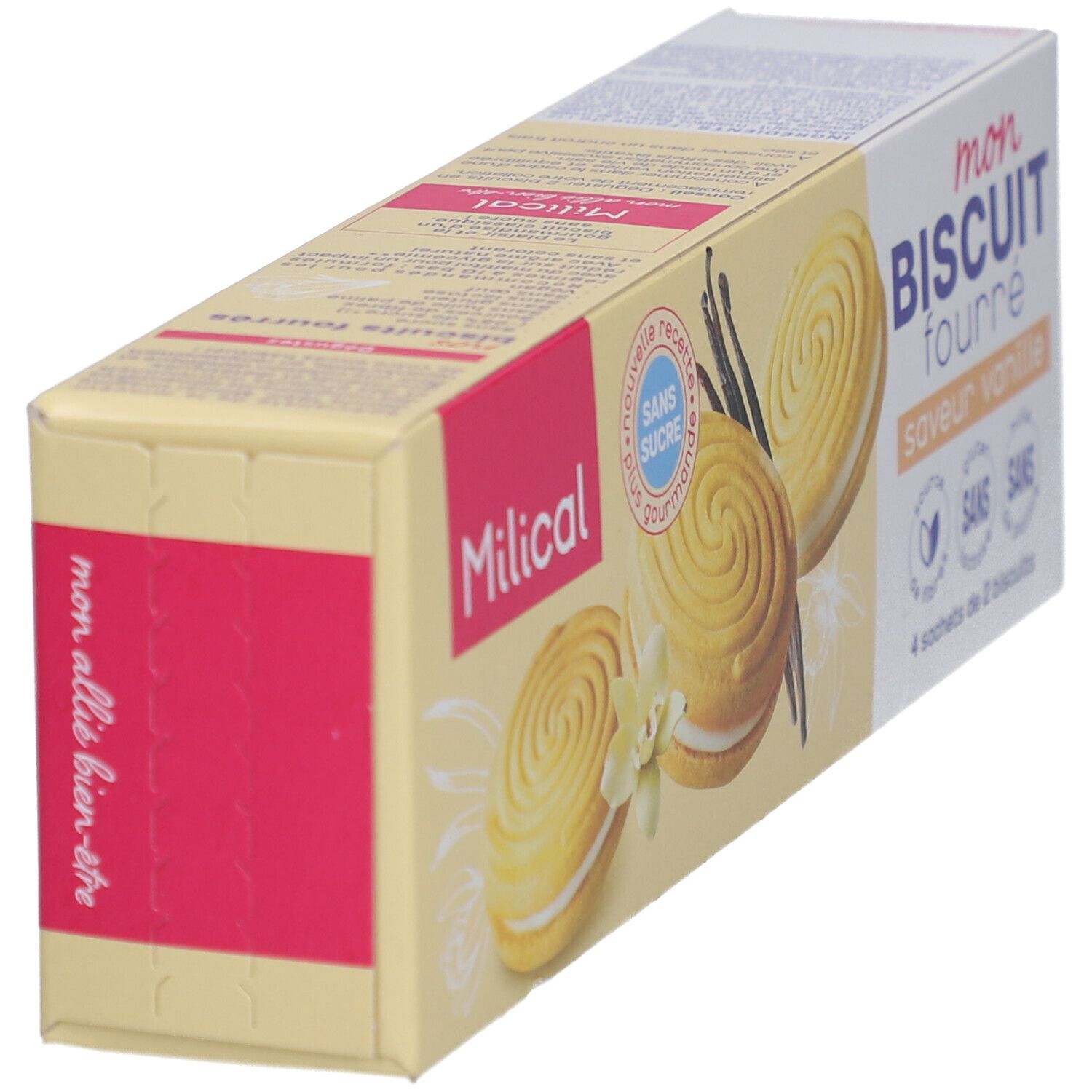 Schrägansicht der Kekspackung. Aufschrift: Milical, Mon Biscuit Fourré, Vanille. Ohne Zucker, Gluten, Laktose, Palmöl. Rosa und gelbe Farben.